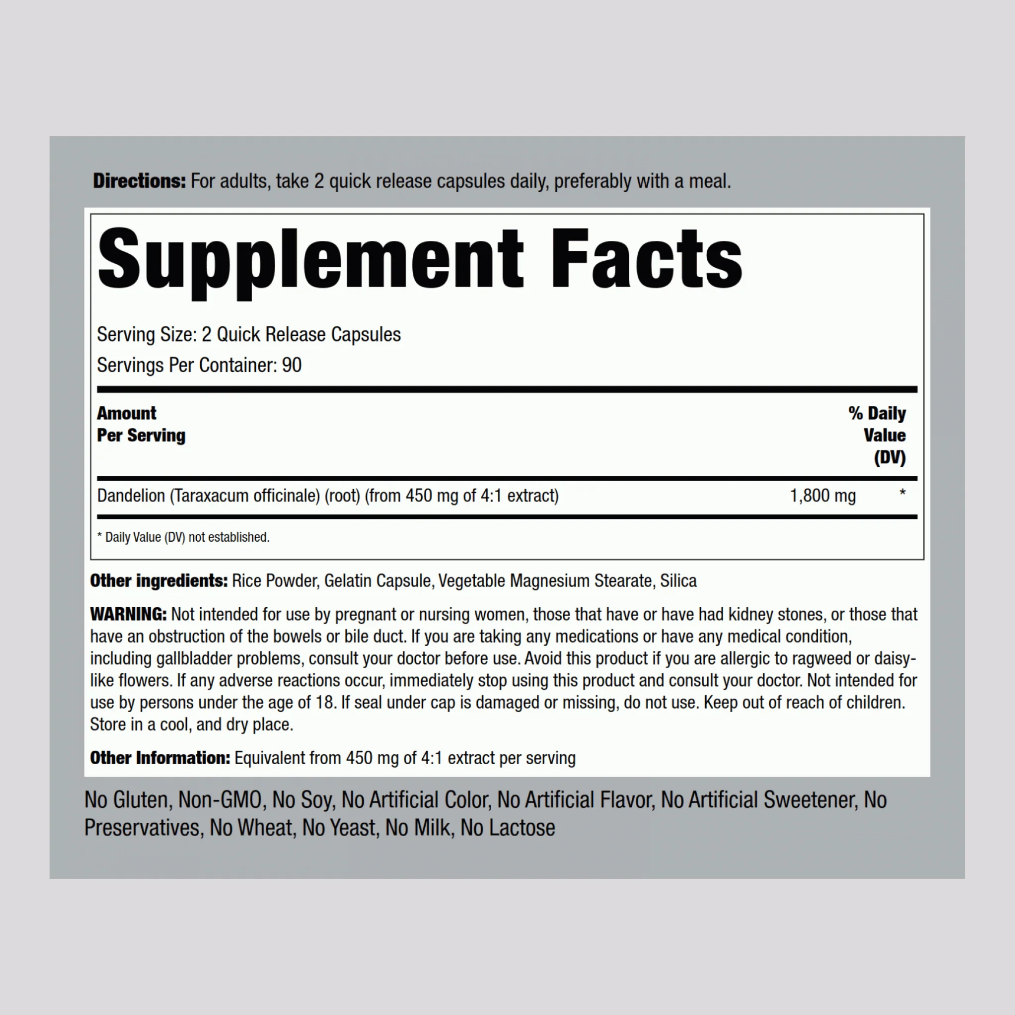 Dandelion Root, 1800 mg (per serving), 180 Quick Release Capsules - Image 2