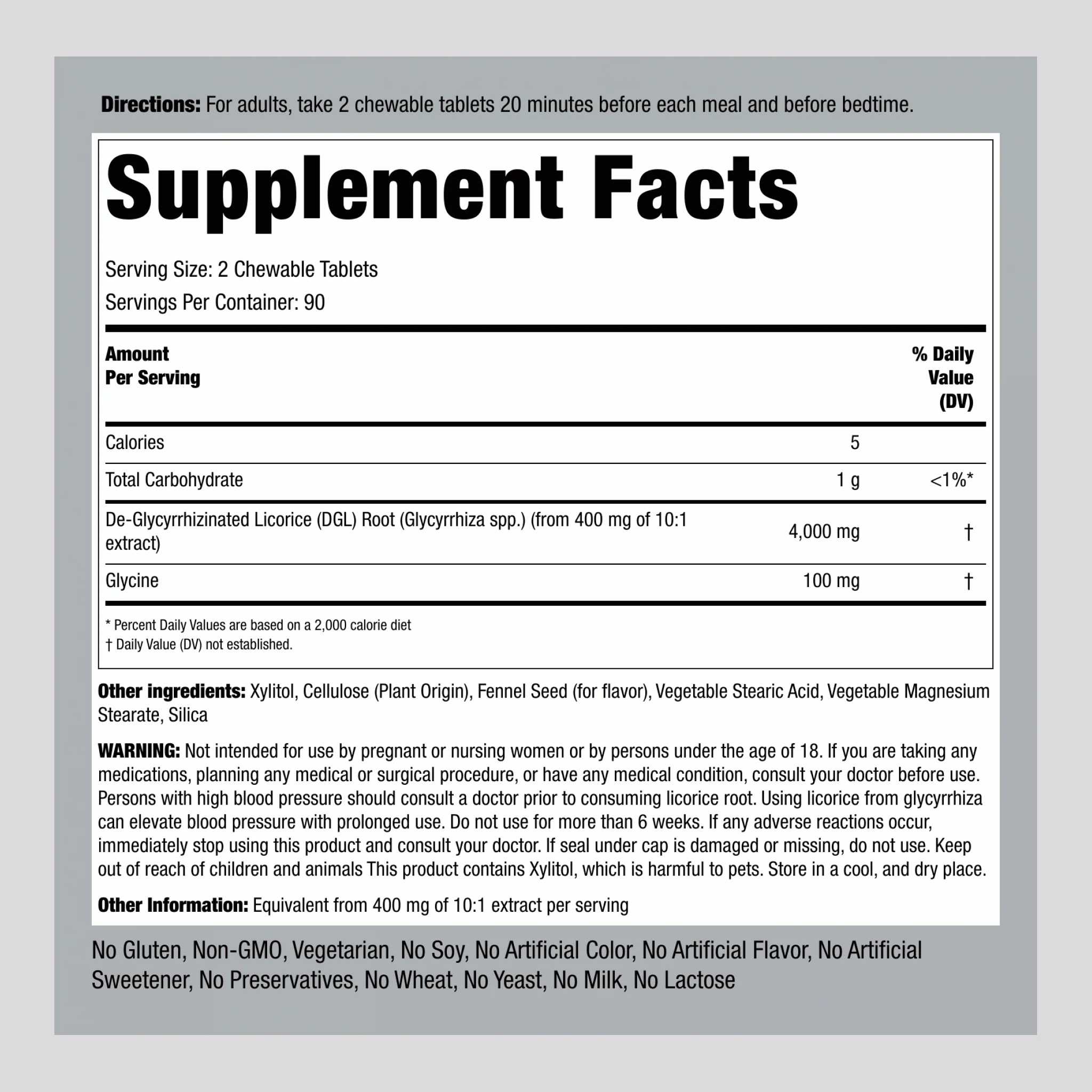 DGL Licorice Root Chewable Mega Potency (Deglycyrrhizinated), 4000 mg (per serving), 180 Chewable Tablets - Image 2