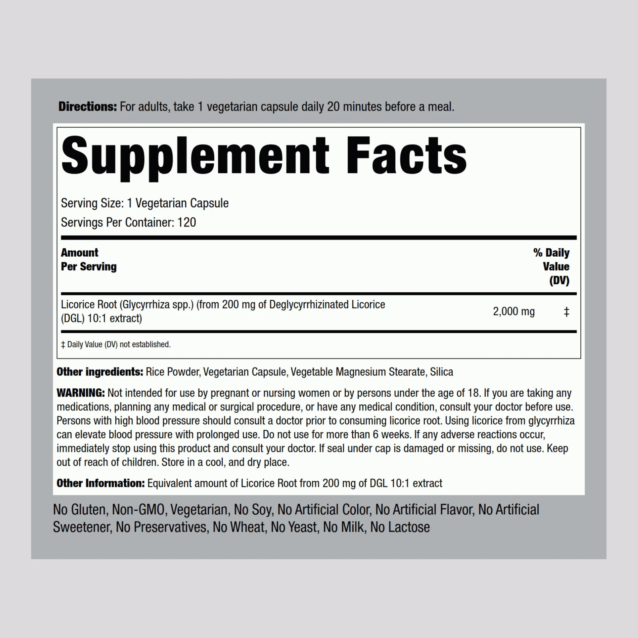 DGL Licorice Root Mega Potency (Deglycyrrhizinated), 2000 mg, 120 Capsules - Image 2