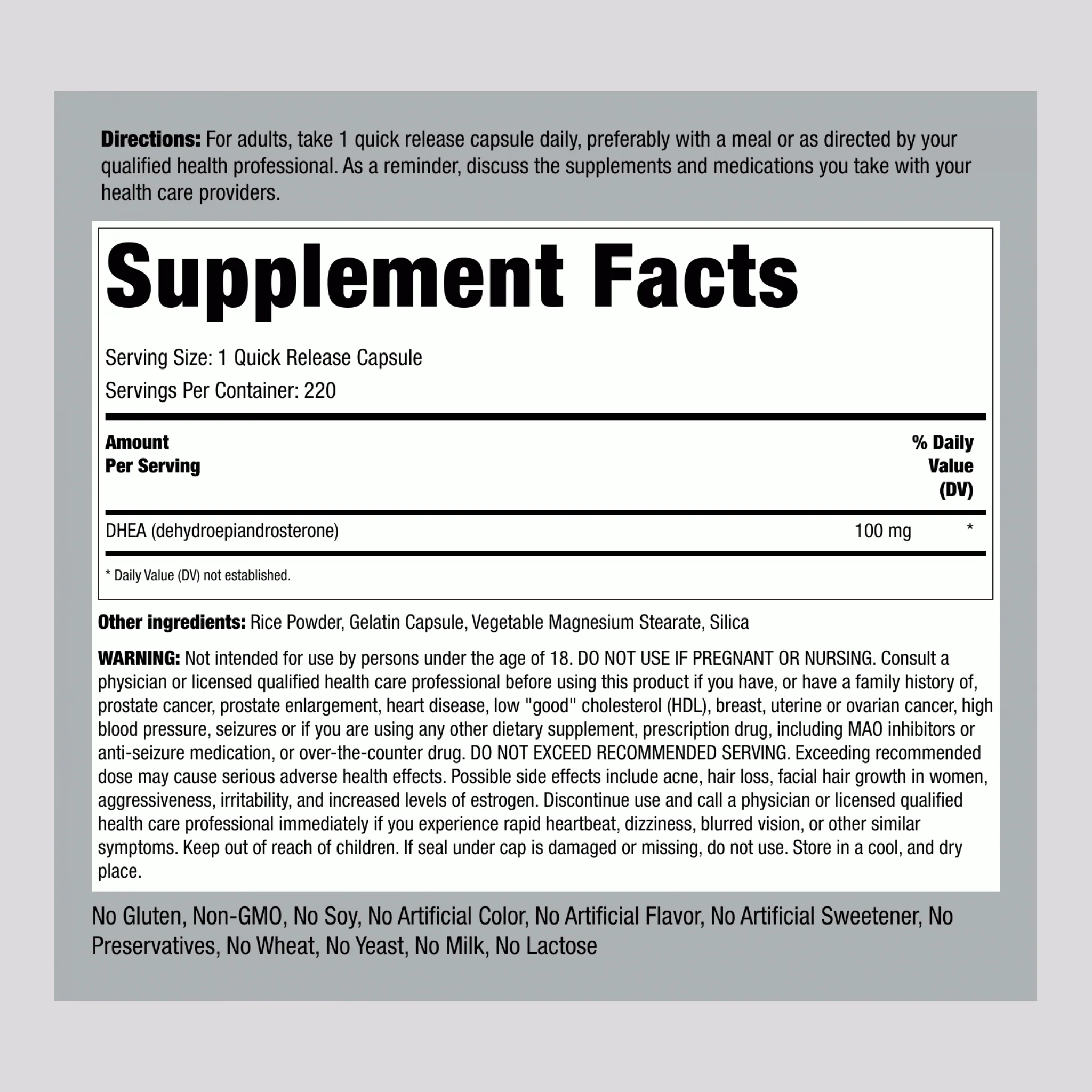 DHEA, 100 mg, 220 Quick Release Capsules - Image 2