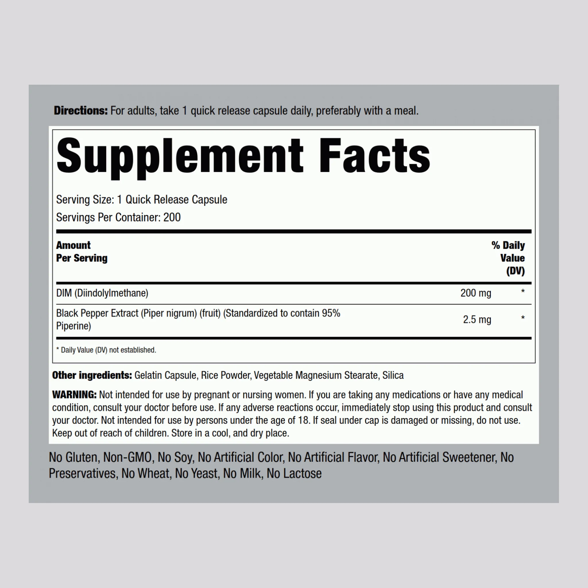 DIM (Diindolylmethane), 200 mg, 200 Quick Release Capsules, 2  Bottles - Image 2