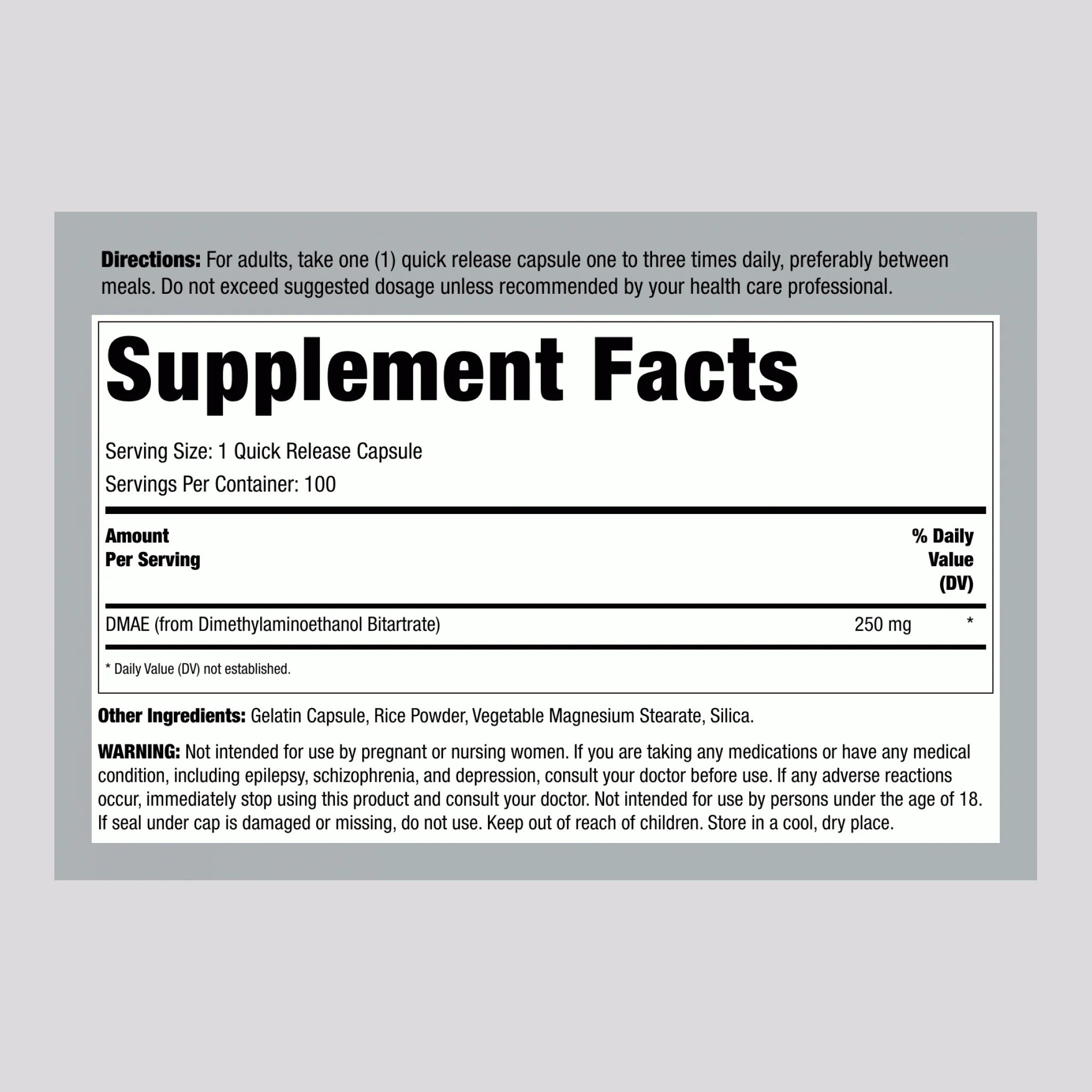 DMAE (Dimethylaminoethanol), 250 mg, 100 Quick Release Capsules - Image 2