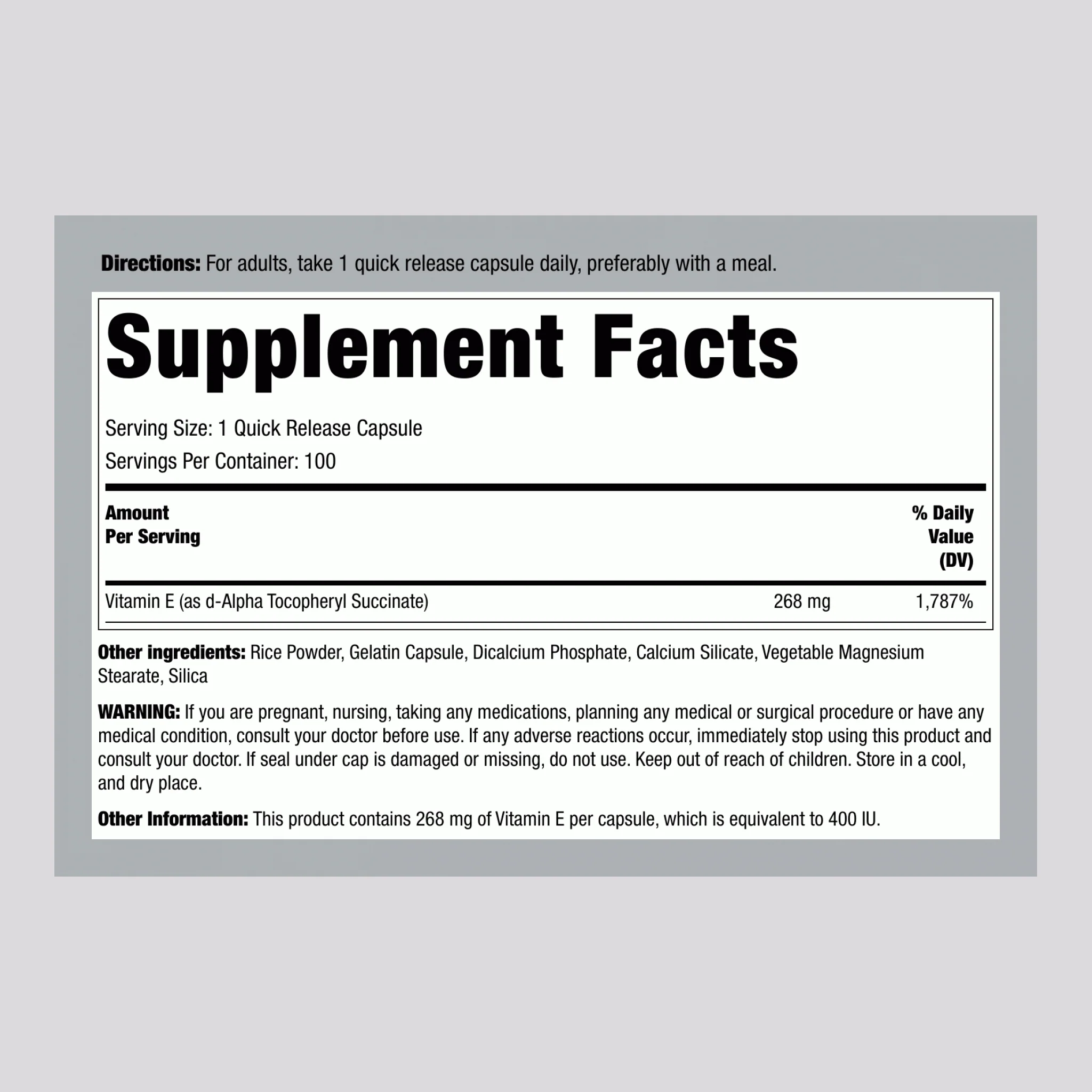 Dry Vitamin E (d-Alpha Tocopherol), 400 IU, 120 Quick Release Capsules - Image 2