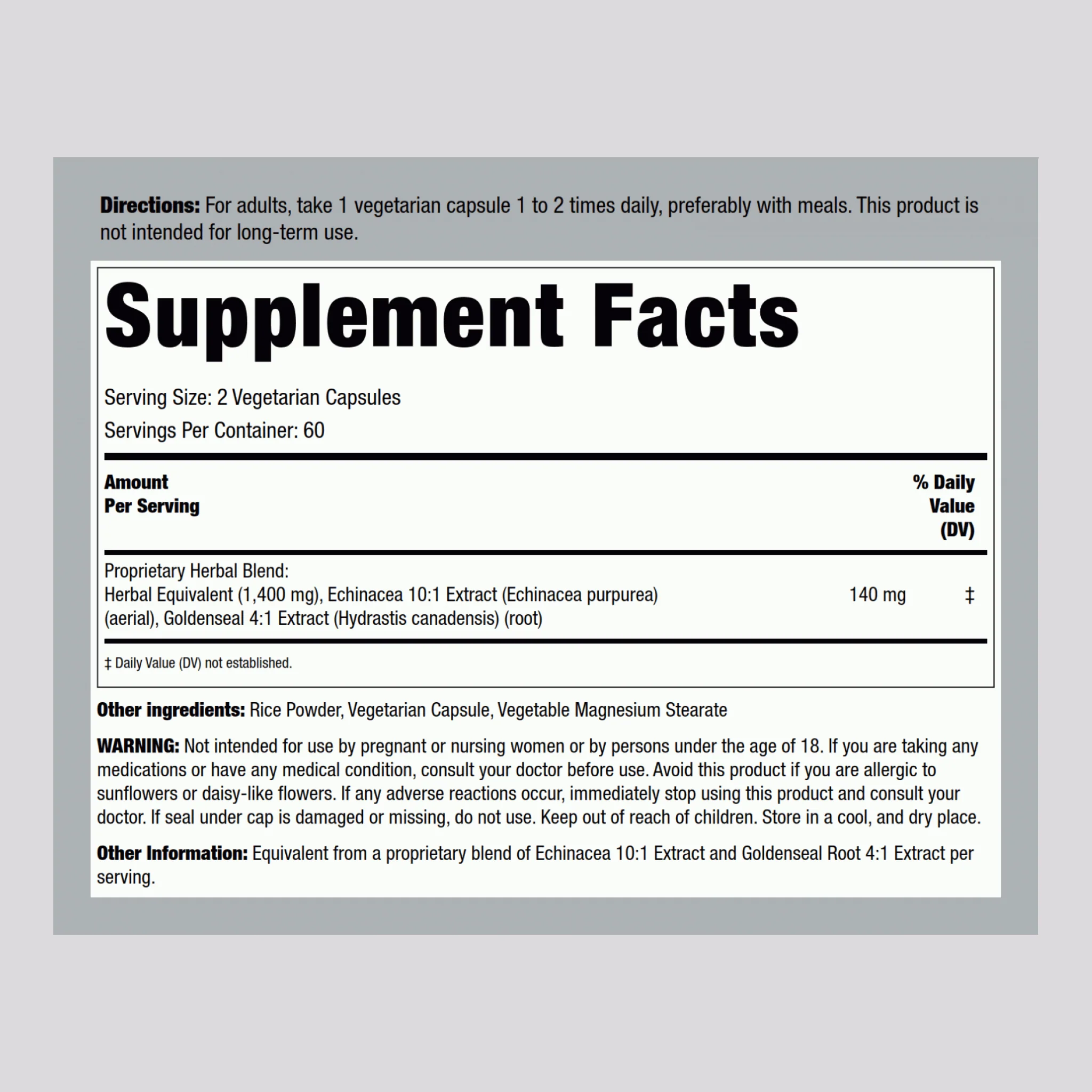 Echinacea Goldenseal, 1400 mg (per serving), 120 Vegetarian Capsules - Image 2