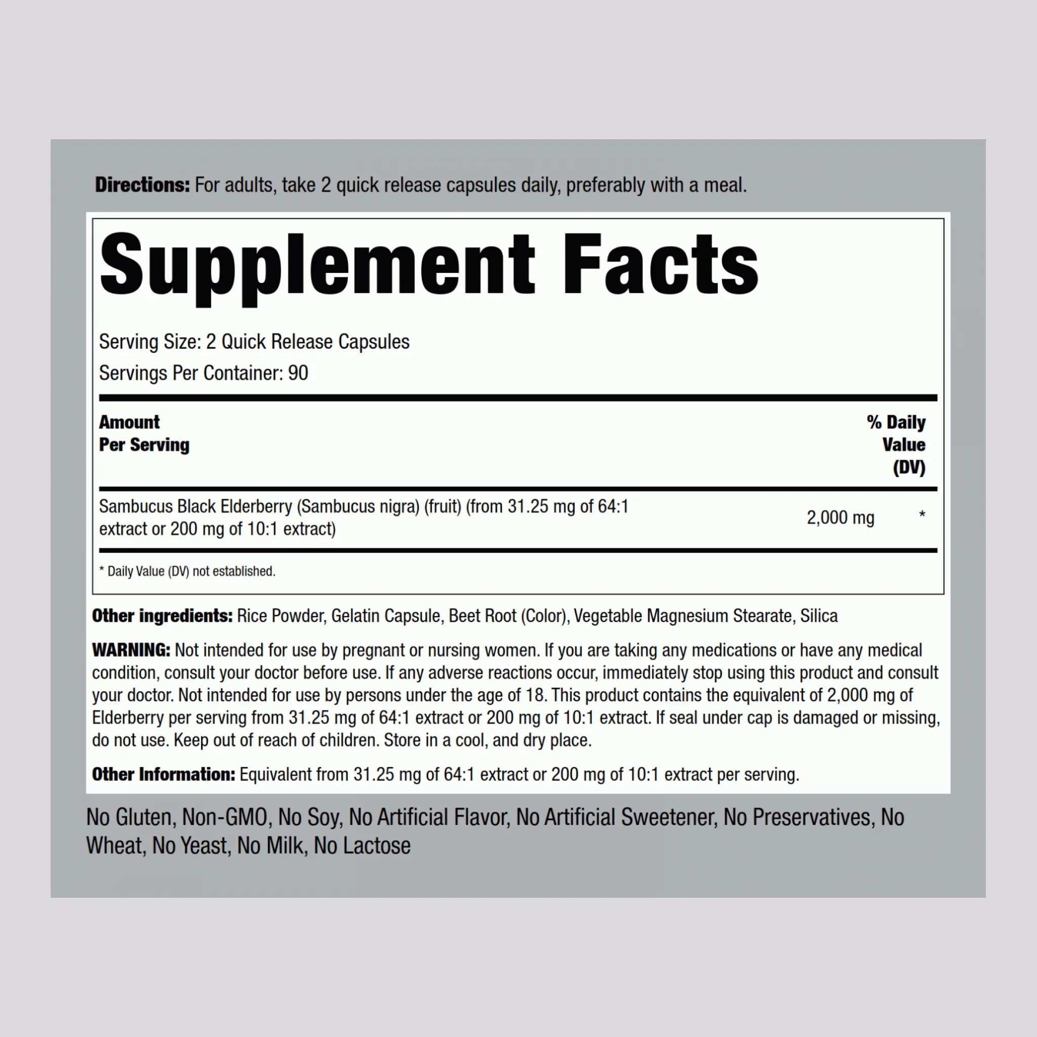 Elderberry Sambucus, 2000 mg (per serving), 180 Quick Release Capsules, 2  Bottles - Image 2