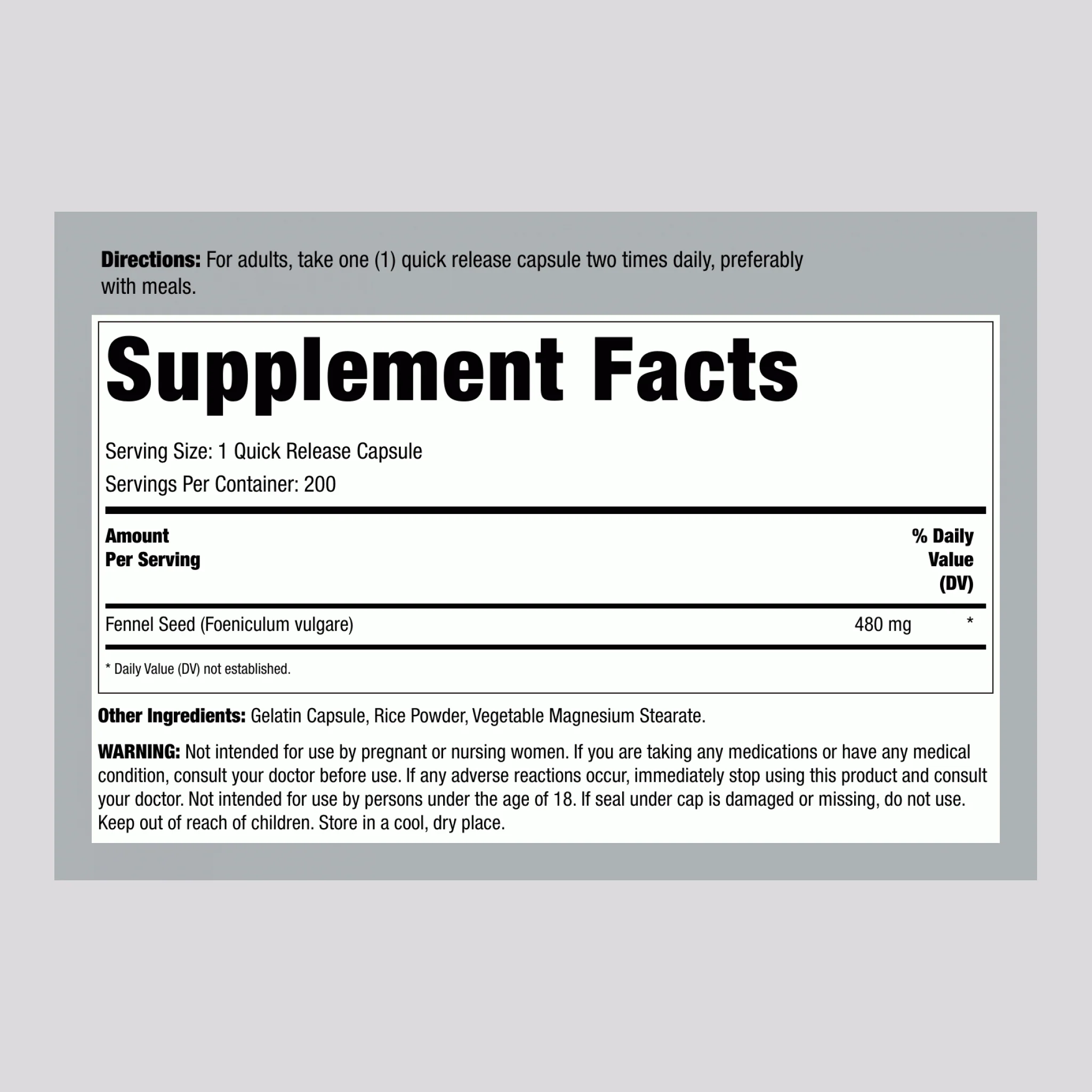 Fennel Seed, 480 mg, 200 Quick Release Capsules - Image 2