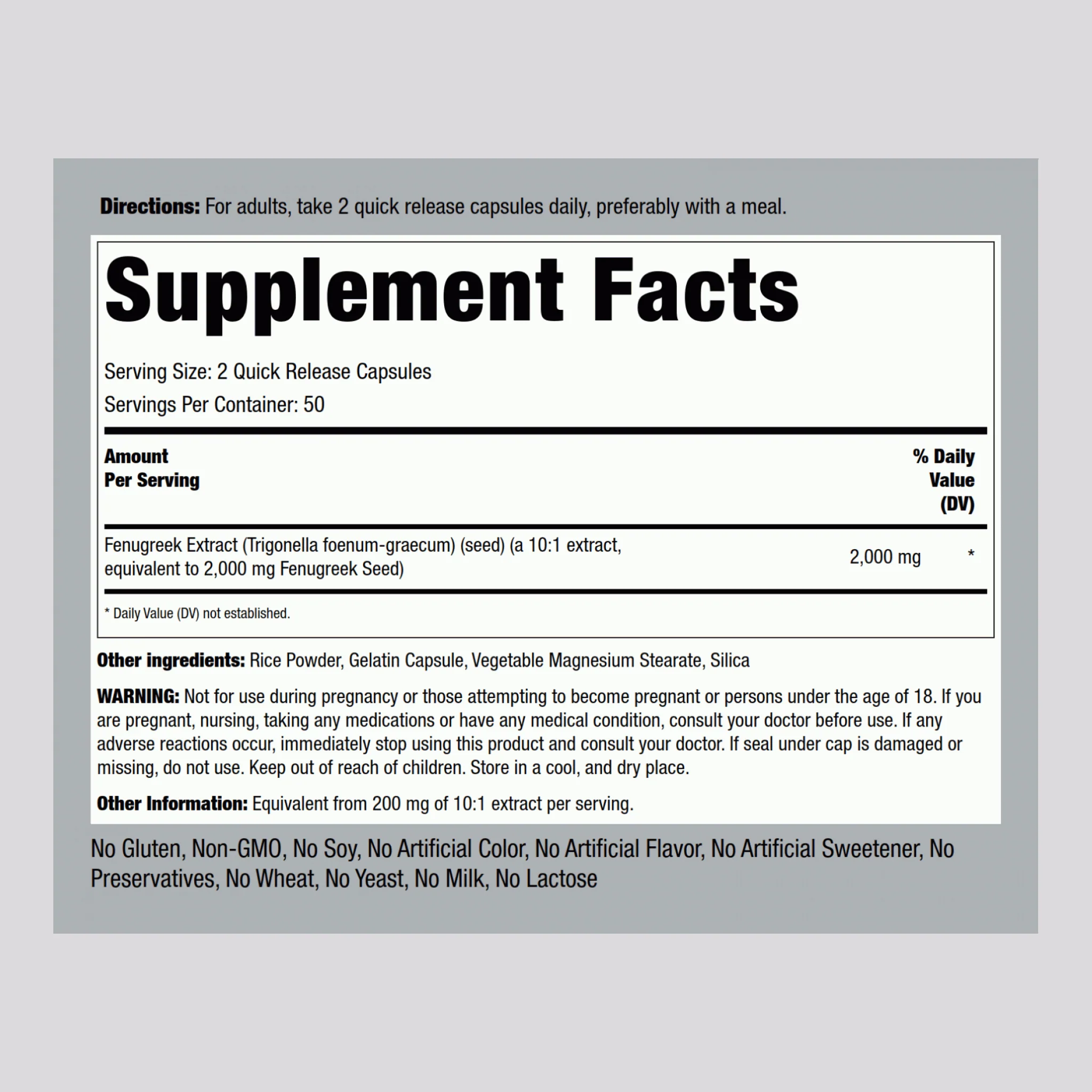 Fenugreek, 2000 mg (per serving), 100 Quick Release Capsules, 2  Bottles - Image 2