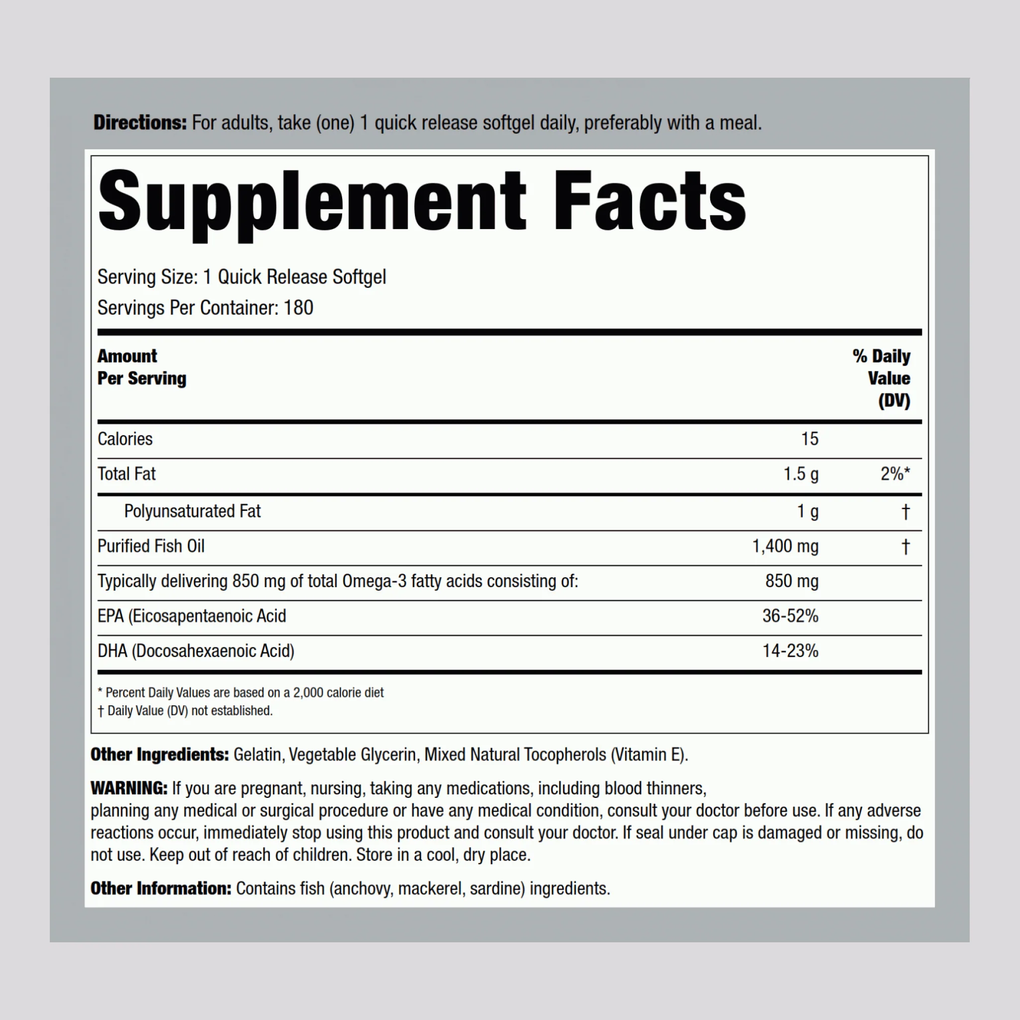 Fish Oil Triple Strength (with Omega-3), 1400 mg, 180 Quick Release Softgels - Image 2