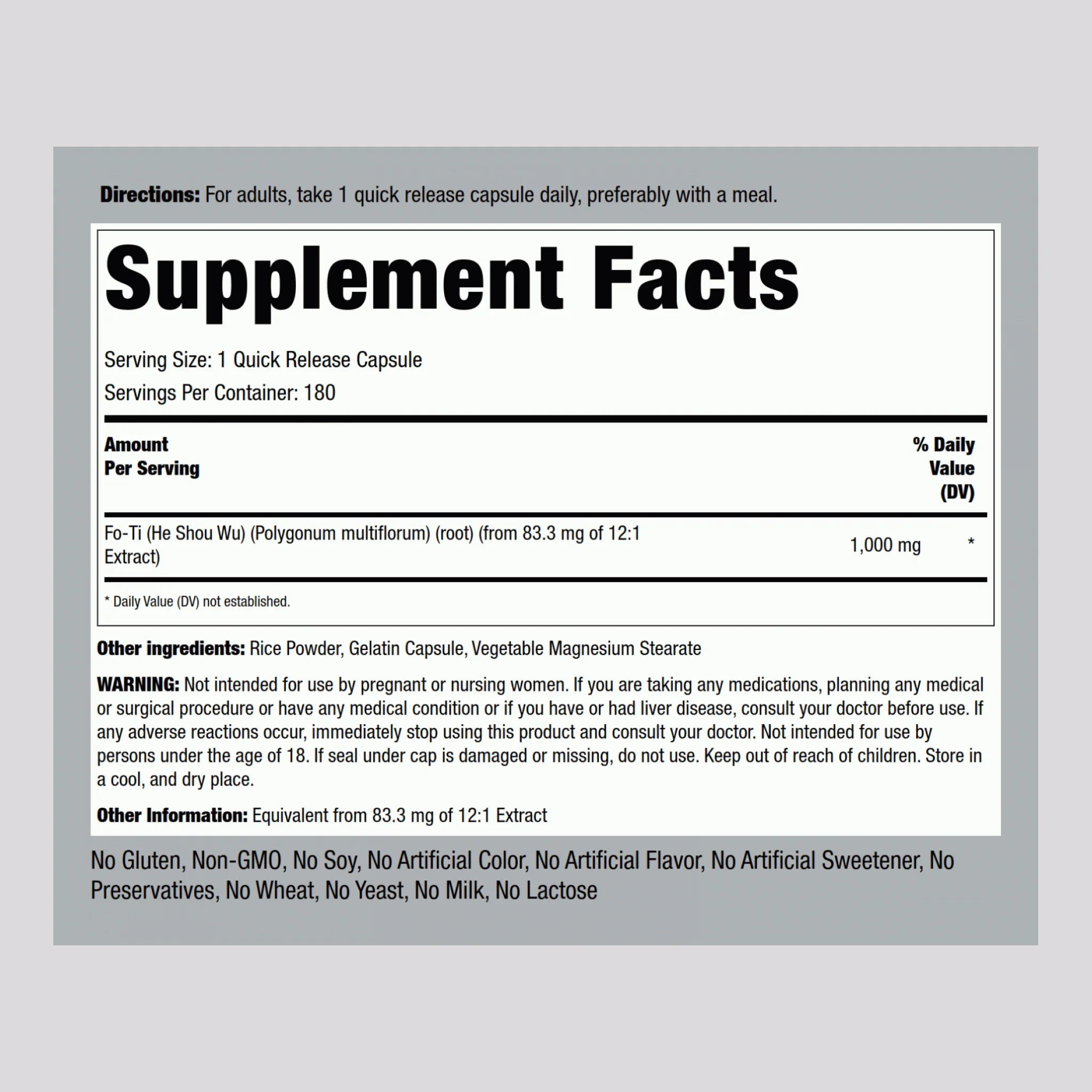 Fo-Ti Root He-Shou-Wu, 1000 mg, 180 Quick Release Capsules, 2  Bottles - Image 2