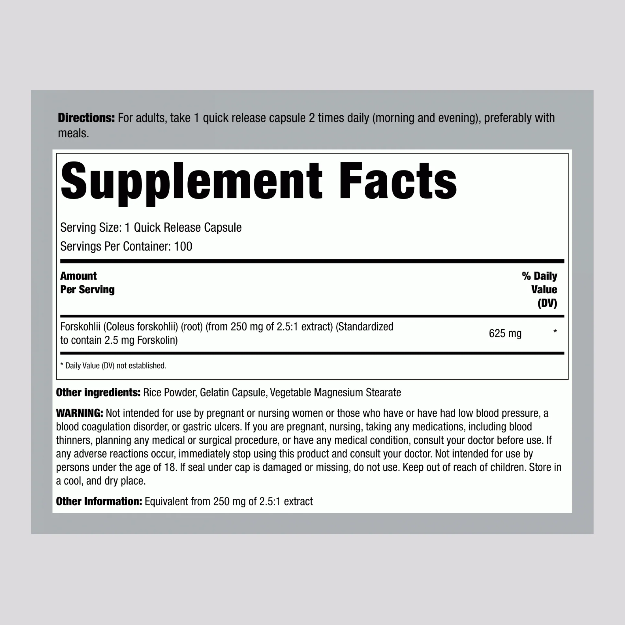 Forskohlii Coleus (Standardized Extract), 625 mg, 100 Quick Release Capsules - Image 2