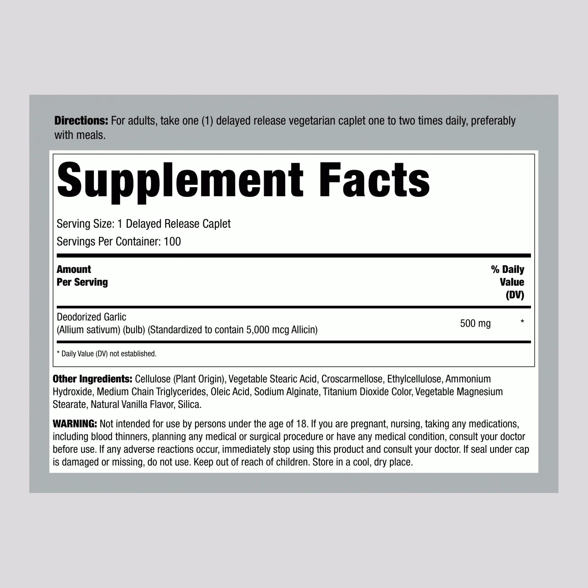 Garlic High Allicin Delayed Release (Odor Free), 100 Delayed Release Caplets - Image 2