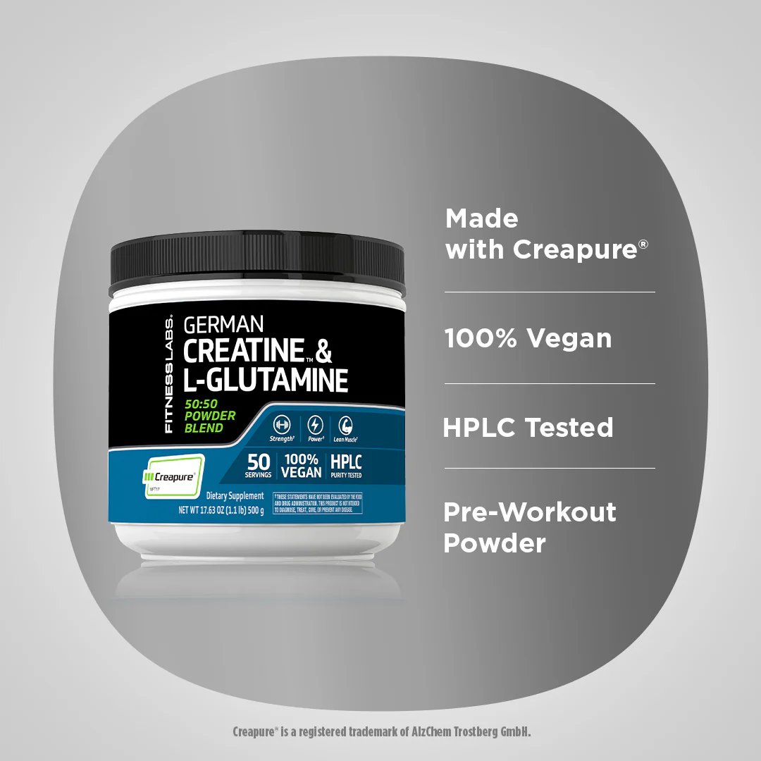 German Creatine Monohydrate (Creapure) & L-Glutamine Powder (50:50 Blend), 10 grams (per serving), 1.1 lb (500 g) Bottle - Image 3