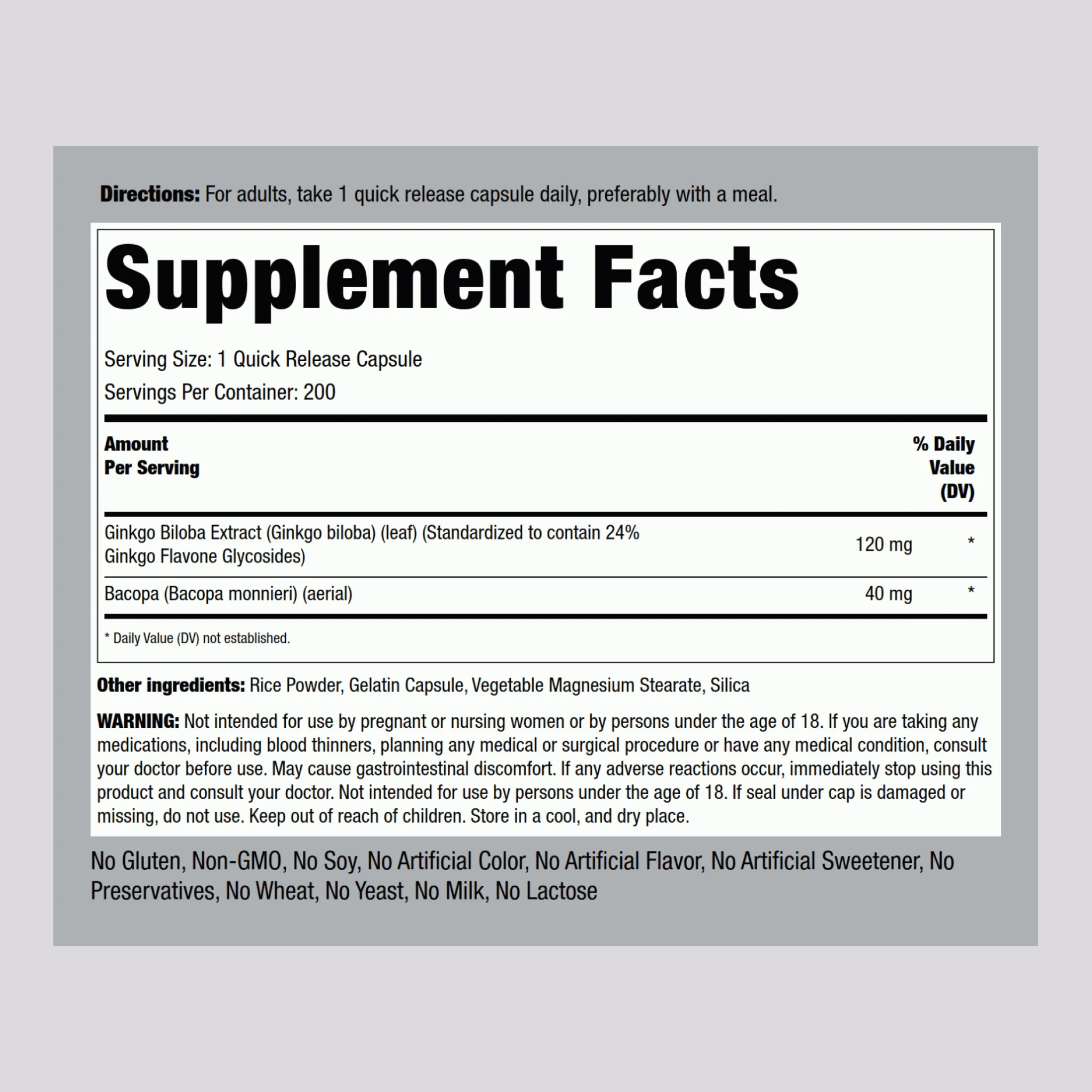 Ginkgo Biloba Standardized Extract, 120 mg, 200 Quick Release Capsules - Image 2