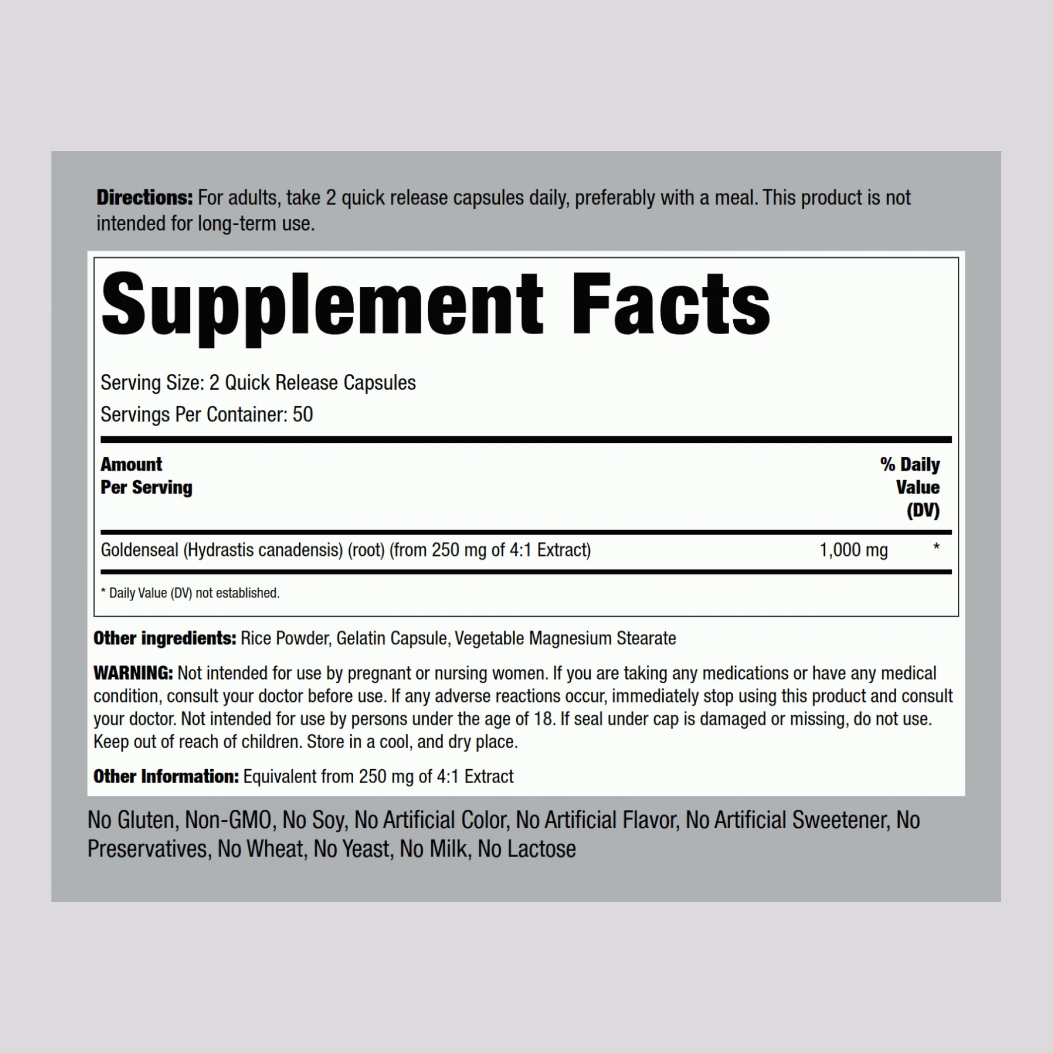 Goldenseal Root, 1000 mg (per serving), 100 Quick Release Capsules - Image 2