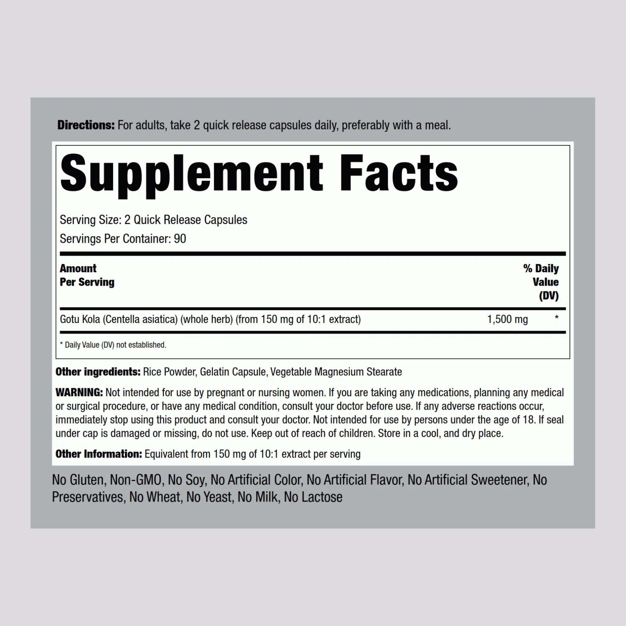 Gotu Kola, 1500 mg (per serving), 180 Quick Release Capsules - Image 2