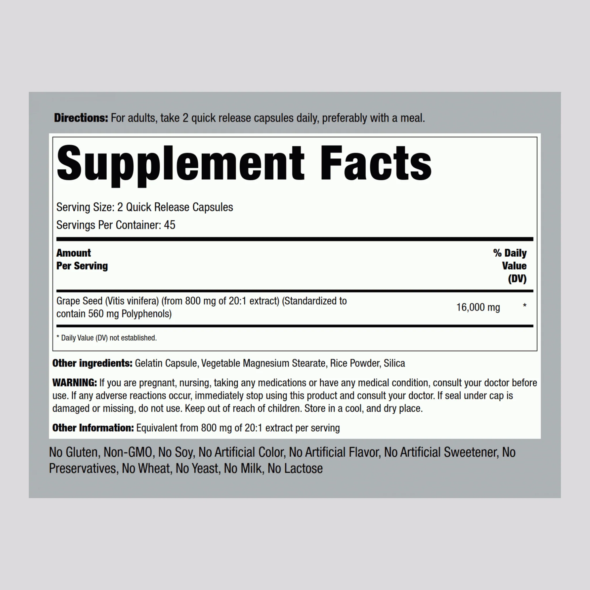 Grape Seed Extract, 16,000 mg (per serving), 90 Quick Release Capsules, 2  Bottles - Image 2