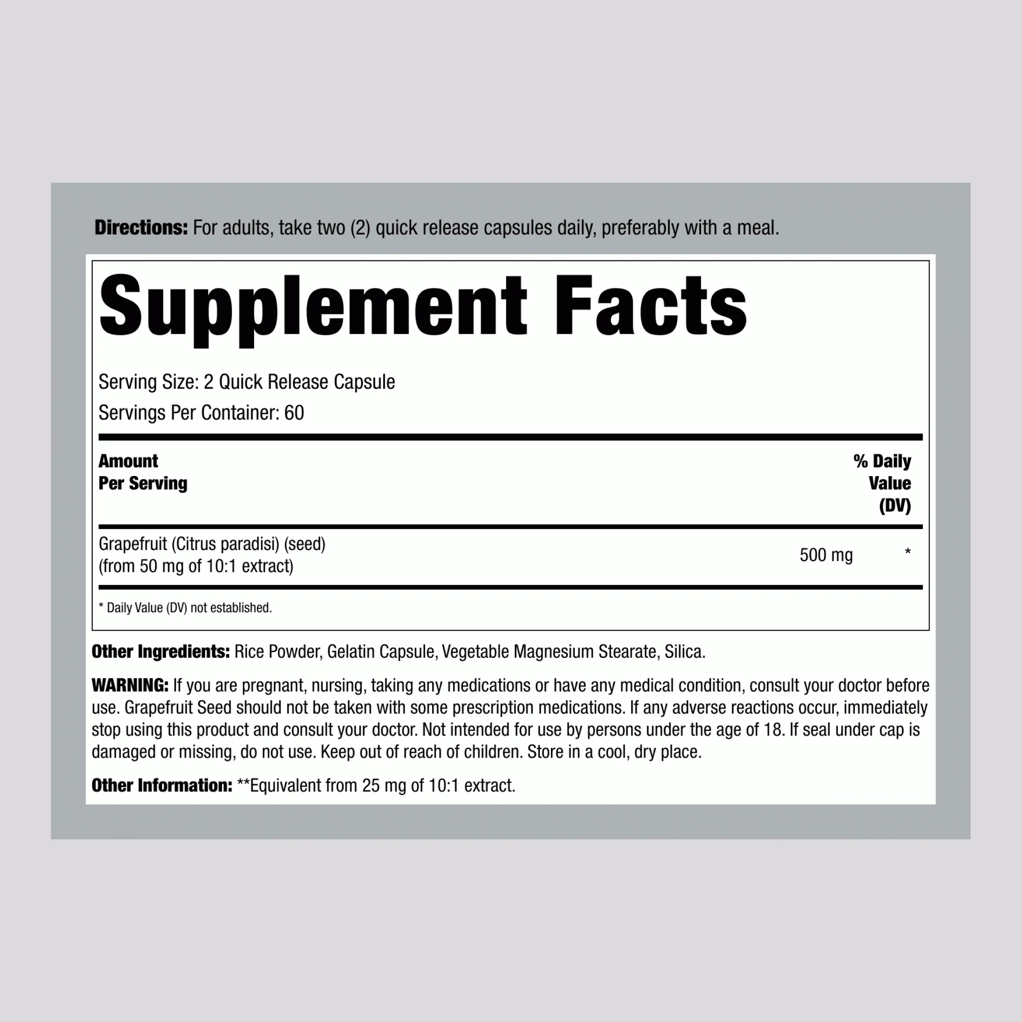Grapefruit Seed, 500 mg (per serving), 120 Quick Release Capsules - Image 2
