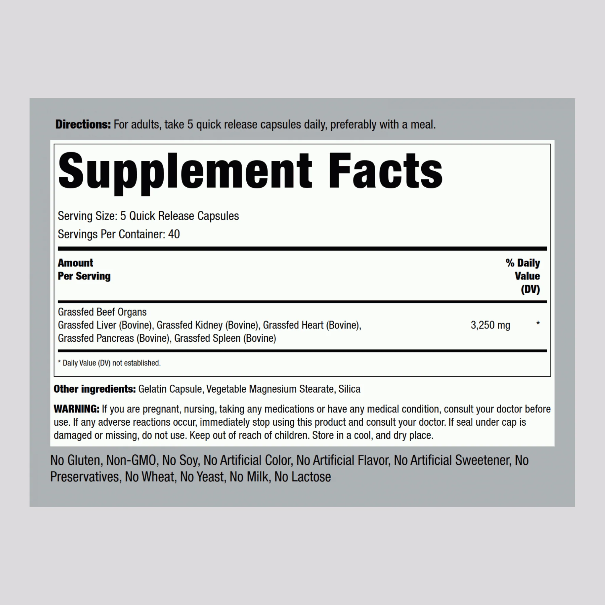 Grass Fed Beef Organs, 3250 mg (per serving), 200 Quick Release Capsules, 2  Bottles - Image 2