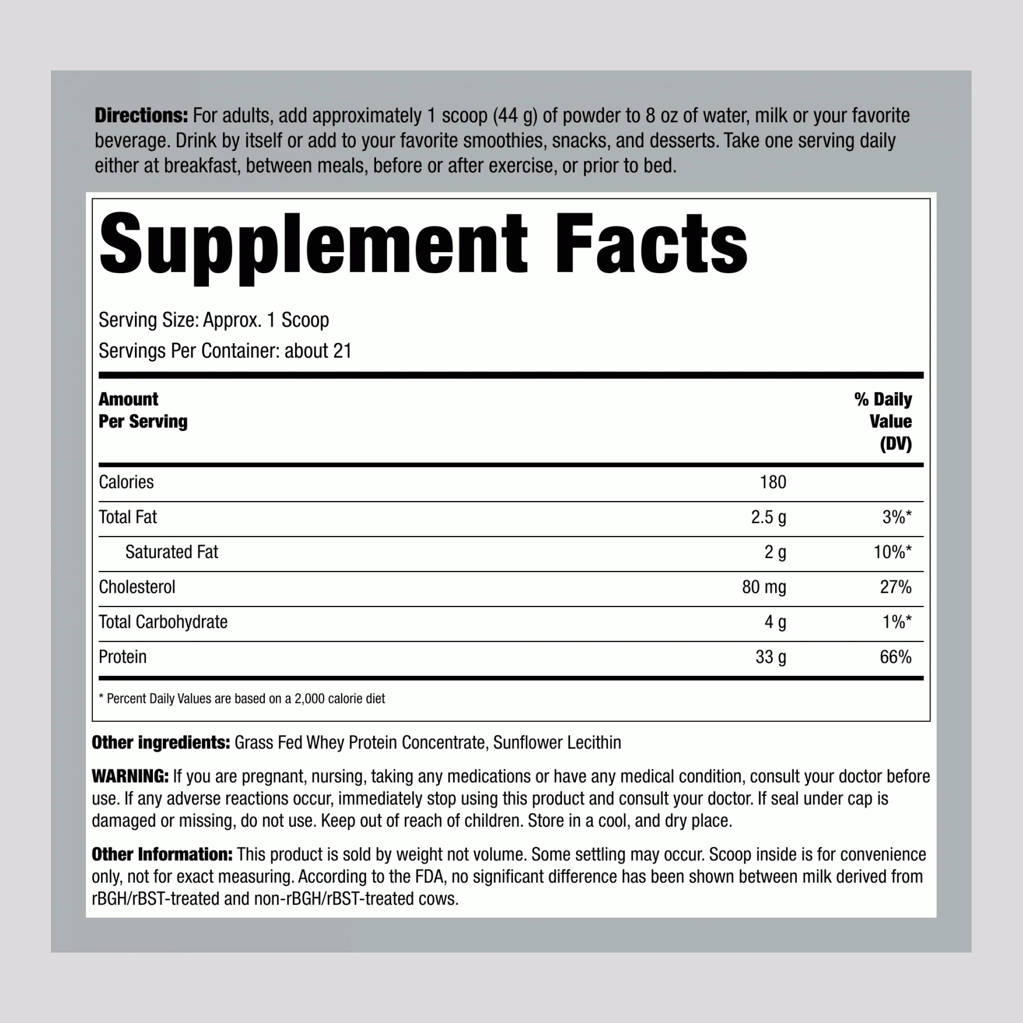 GrassFed Whey Protein (Unflavored & Unsweetened), 2 lb (907 g) Bottle - Image 2