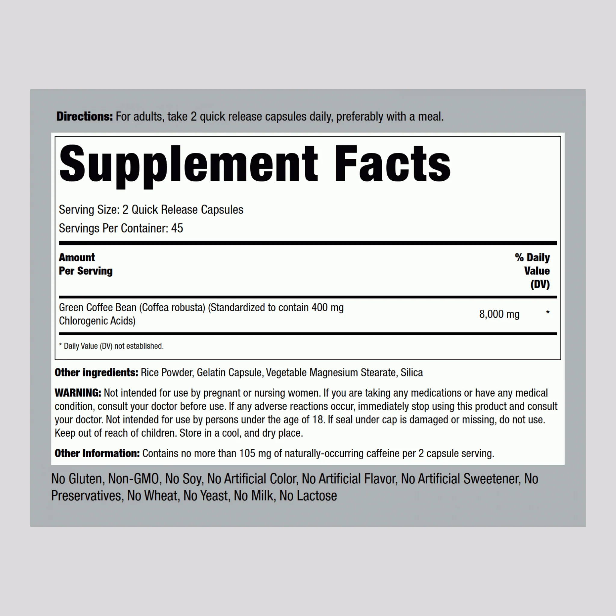 Green Coffee Bean Extract, 400 mg, 90 Quick Release Capsules - Image 2