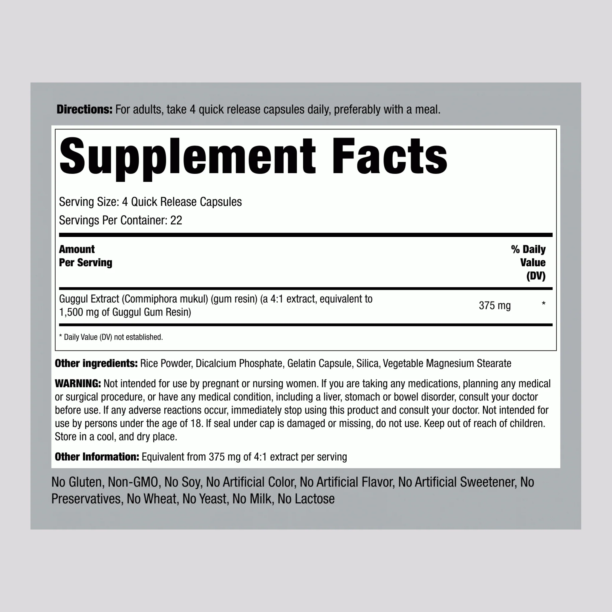 Guggul Extract, 1500 mg (per serving), 90 Quick Release Capsules - Image 2