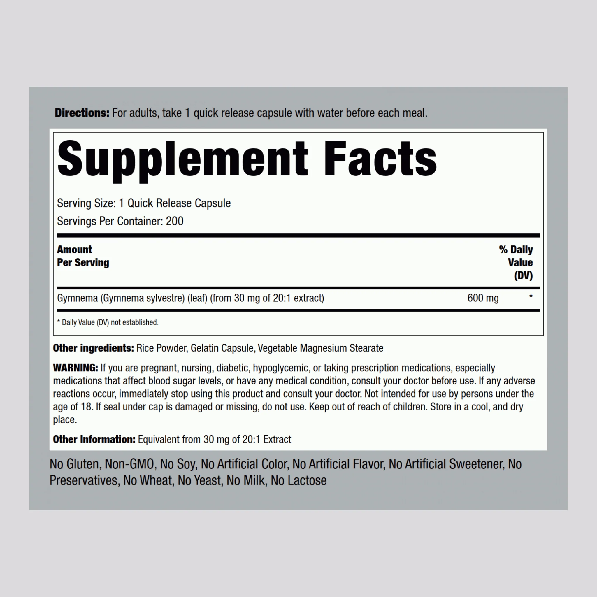 Gymnema Sylvestre, 600 mg, 200 Quick Release Capsules - Image 2