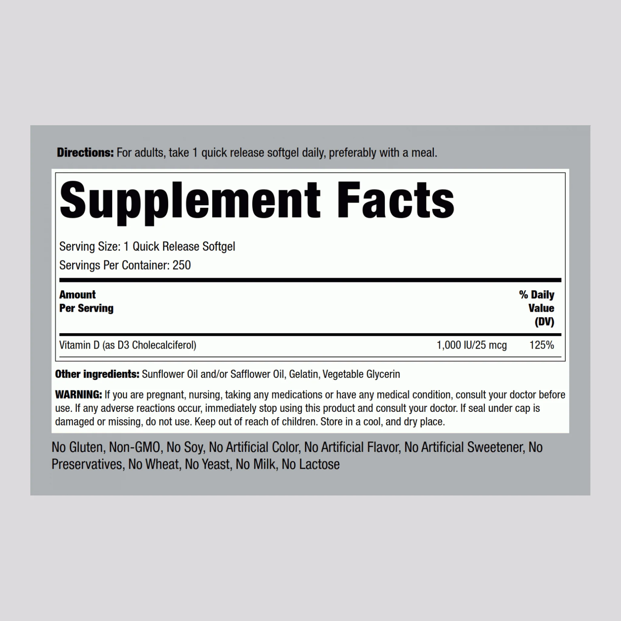 High Potency Vitamin D3, 1000 IU, 250 Quick Release Softgels, 2  Bottles - Image 2