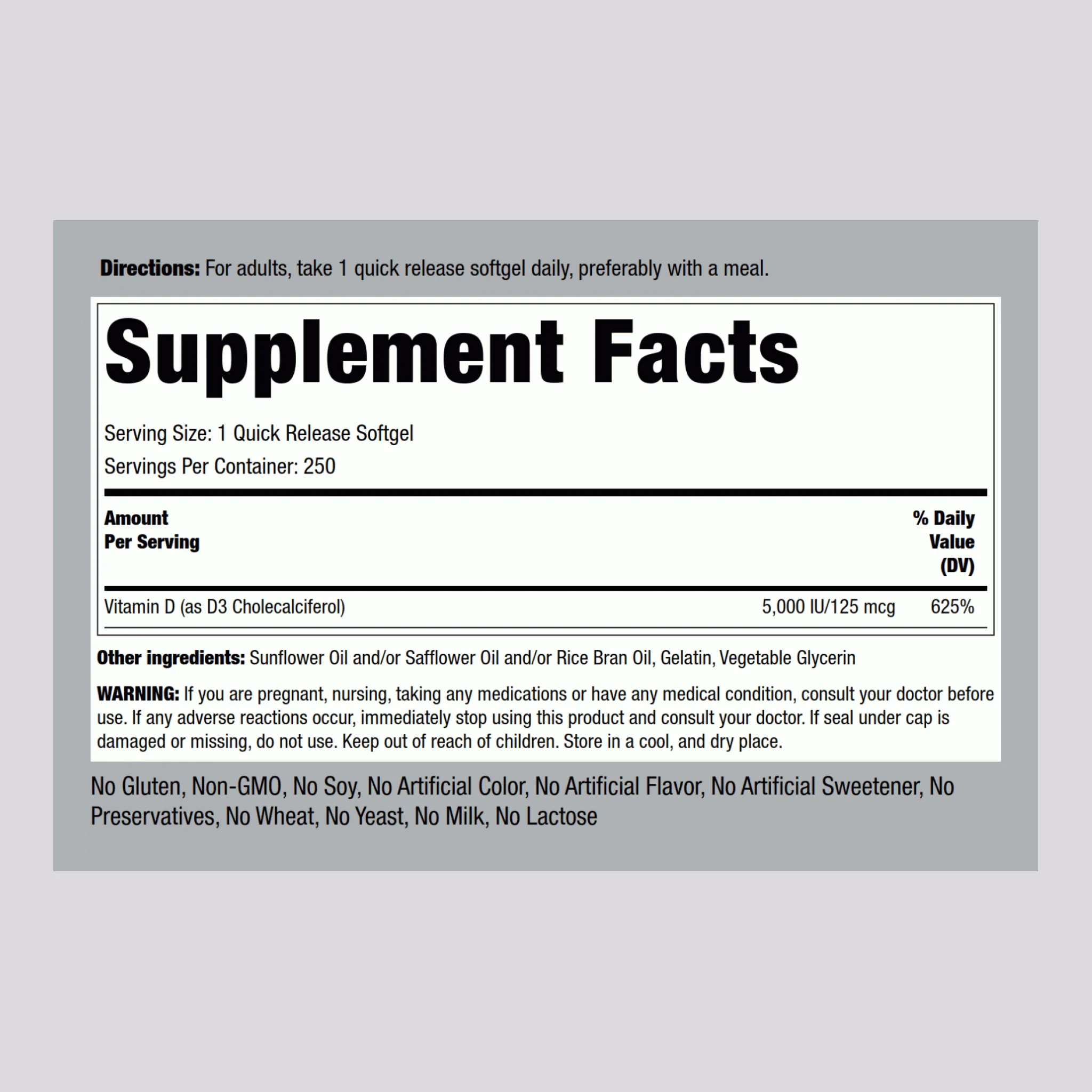 High Potency Vitamin D3, 5000 IU, 250 Quick Release Softgels, 2  Bottles - Image 2