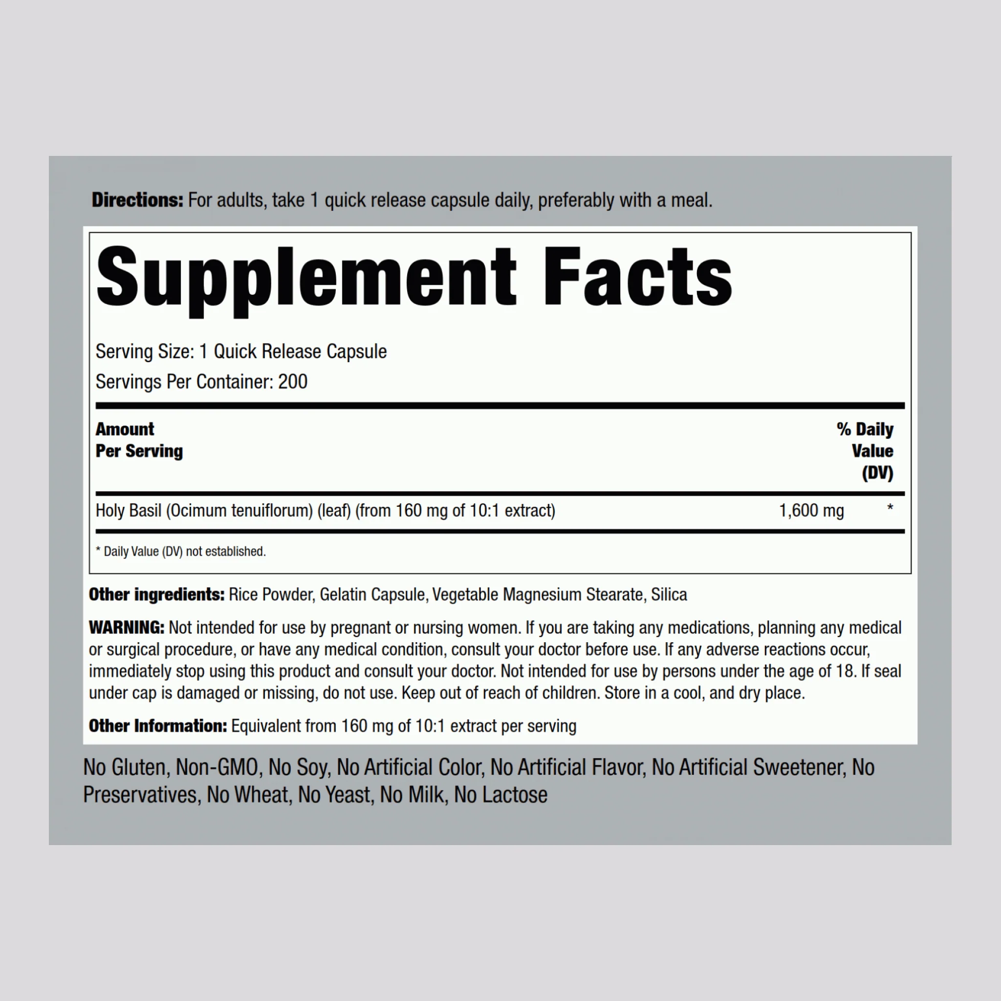Holy Basil Tulsi, 1600 mg, 200 Quick Release Capsules, 2  Bottles - Image 2