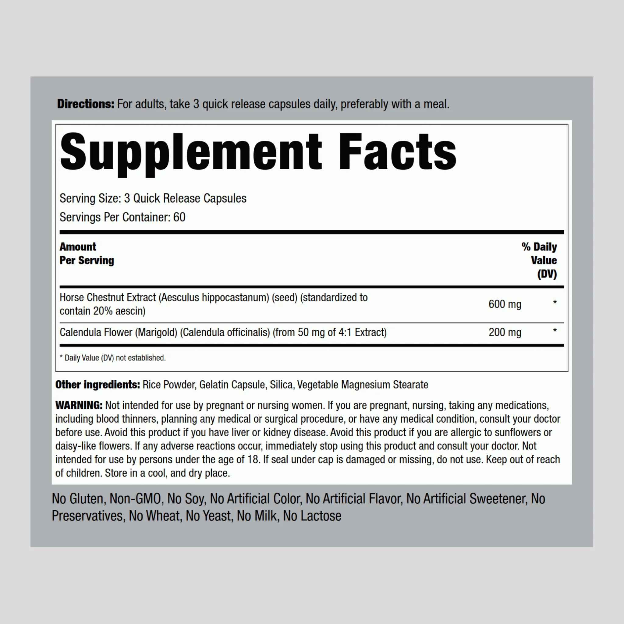 Horse Chestnut (Standardized Extract), 600 mg (per serving), 180 Quick Release Capsules - Image 2