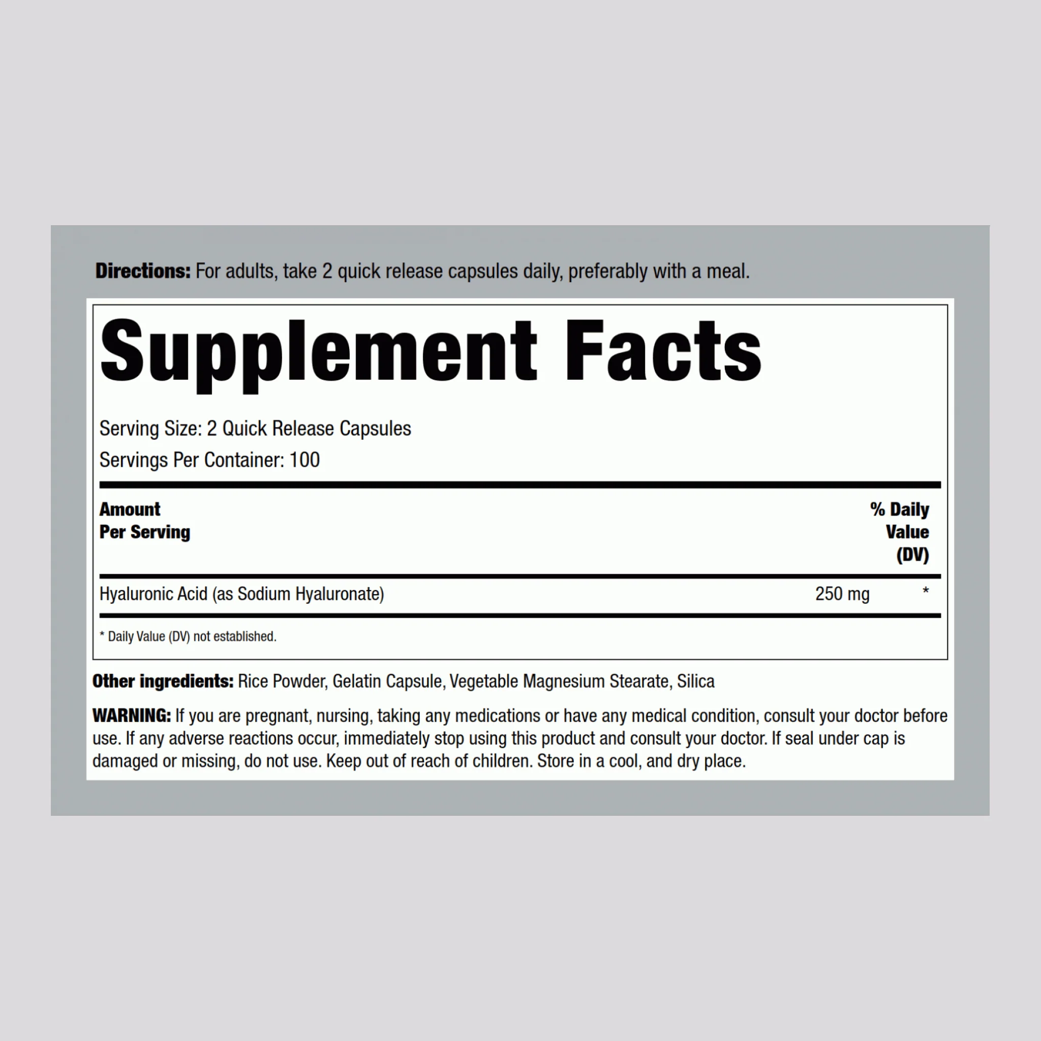 Hyaluronic Acid, 250 mg (per serving), 200 Quick Release Capsules - Image 2