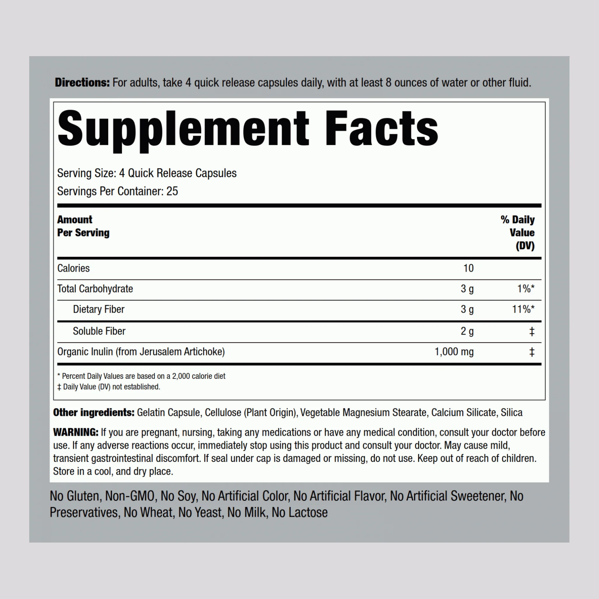 Inulin, 1000 mg (per serving), 100 Quick Release Capsules - Image 2