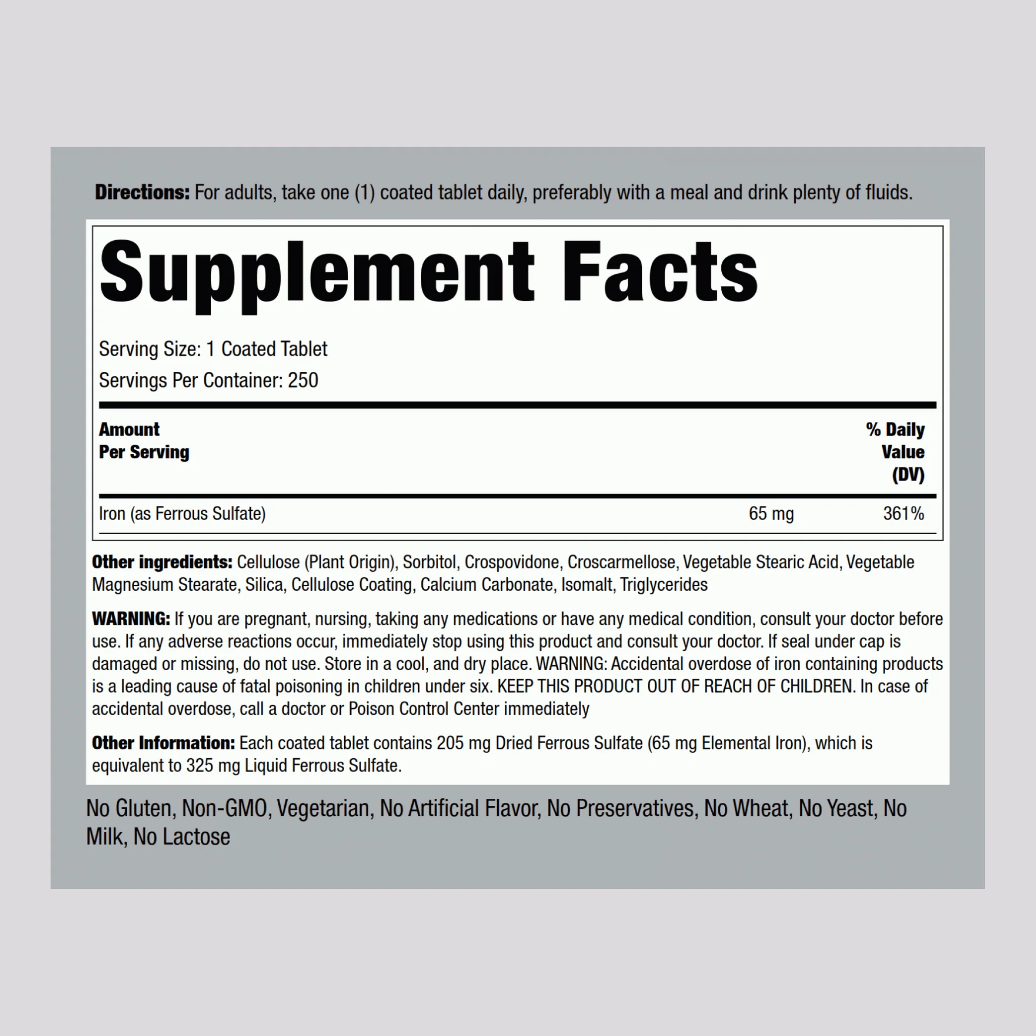 Iron Ferrous Sulfate, 65 mg, 250 Coated Tablets - Image 2