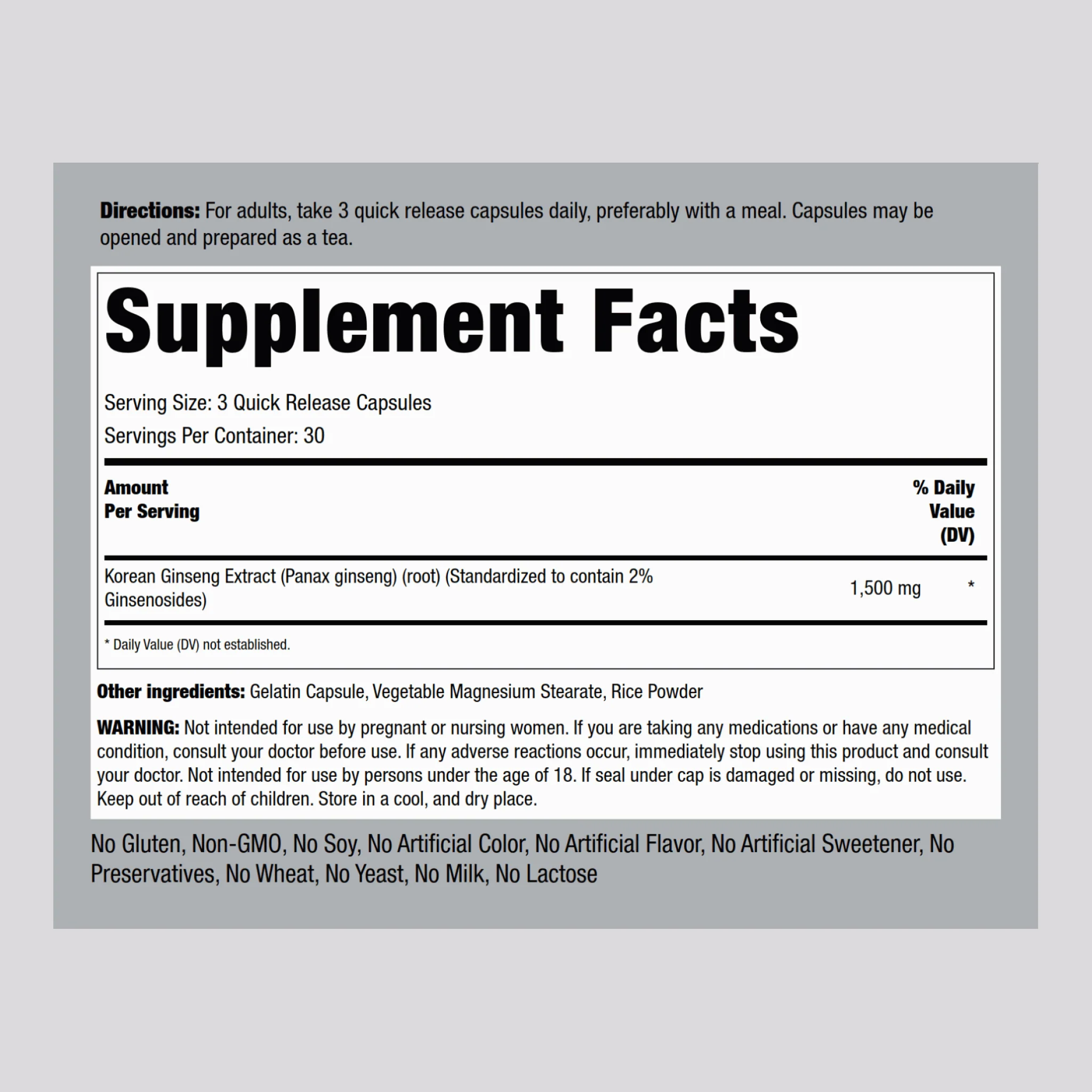Korean Ginseng (Panax Ginseng), 1500 mg (per serving), 90 Quick Release Capsules - Image 2