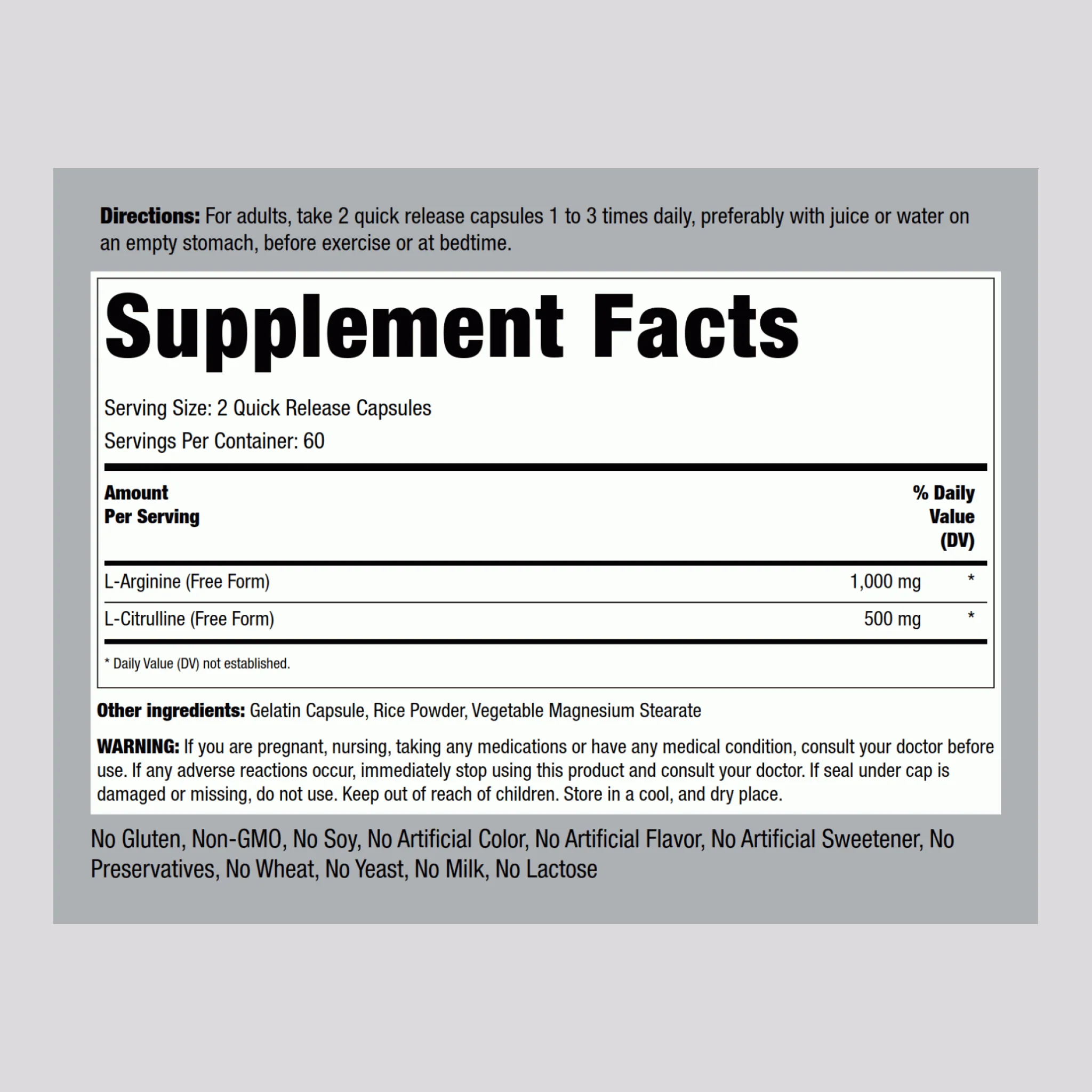 L-Arginine 1000 mg  & Citrulline 500 mg, 1000/500 mg, 120 Quick Release Capsules - Image 2