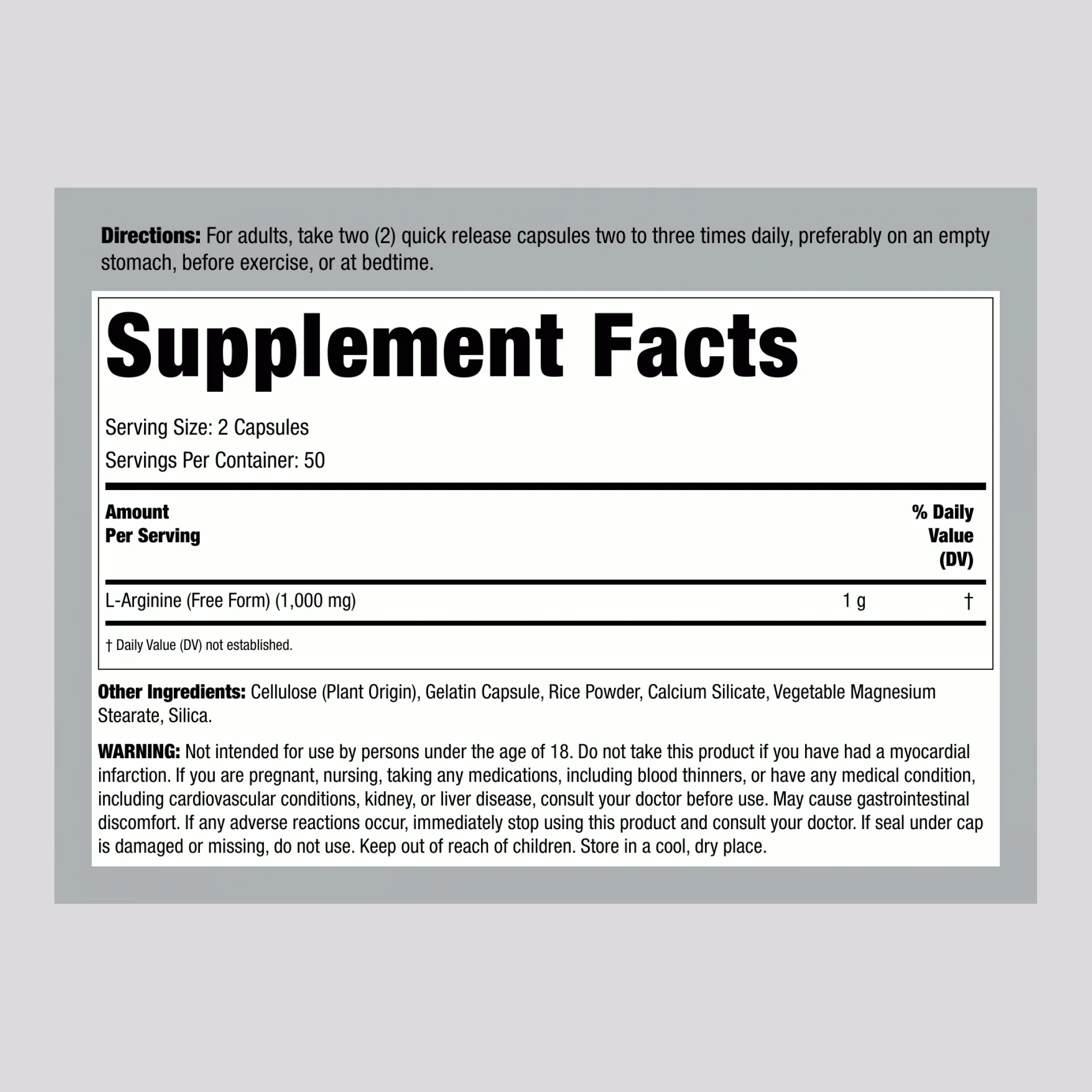 L-Arginine, 500 mg, 100 Capsules - Image 2