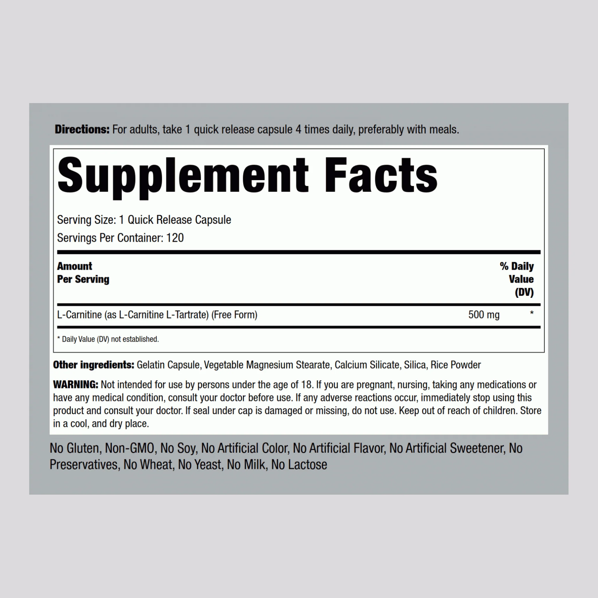 L-Carnitine, 500 mg, 120 Quick Release Capsules - Image 2