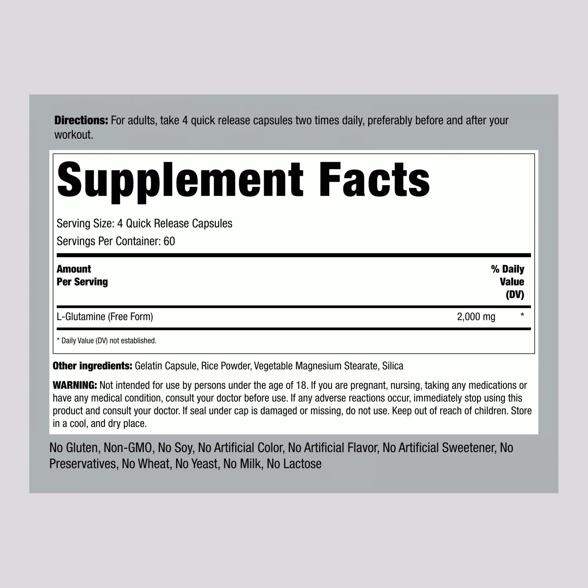 L-Glutamine, 2000 mg (per serving), 240 Quick Release Capsules, 2  Bottles - Image 2