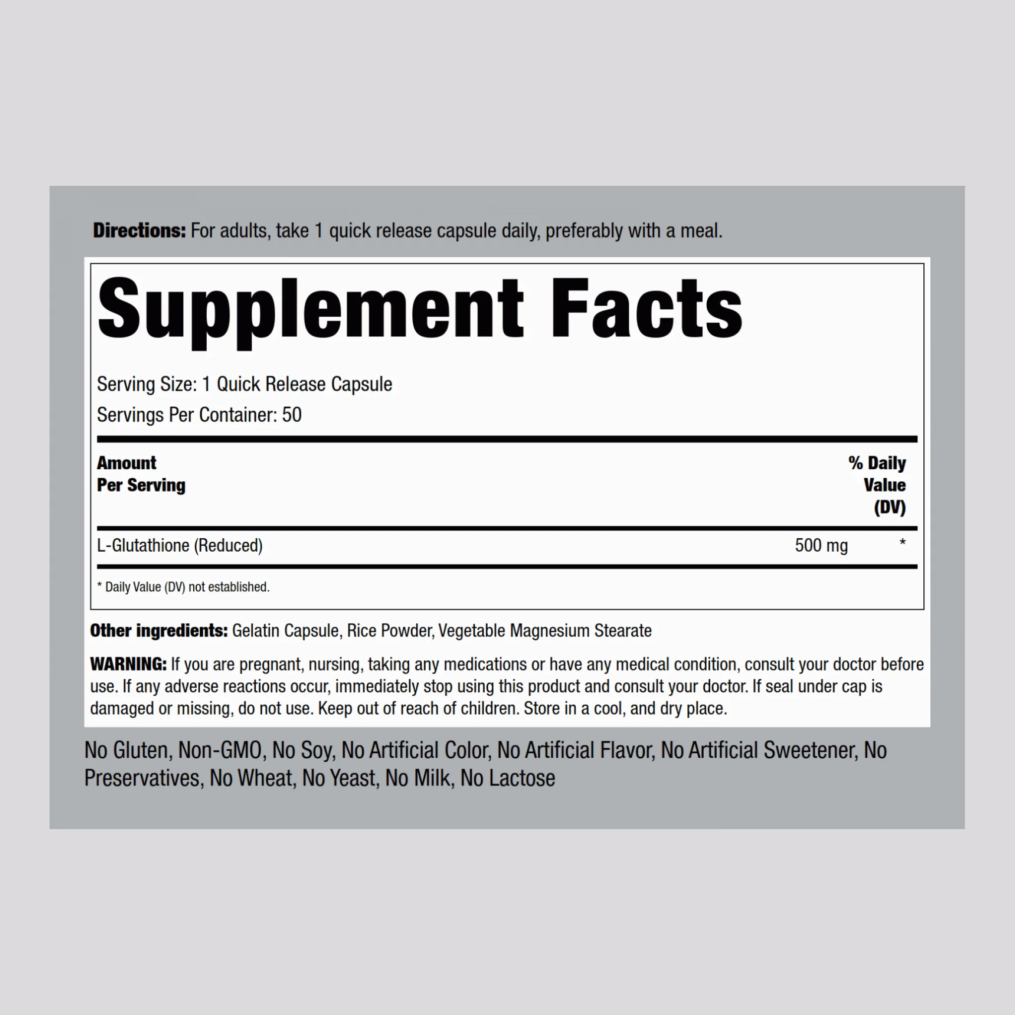 L-Glutathione (Reduced), 500 mg, 50 Quick Release Capsules - Image 2