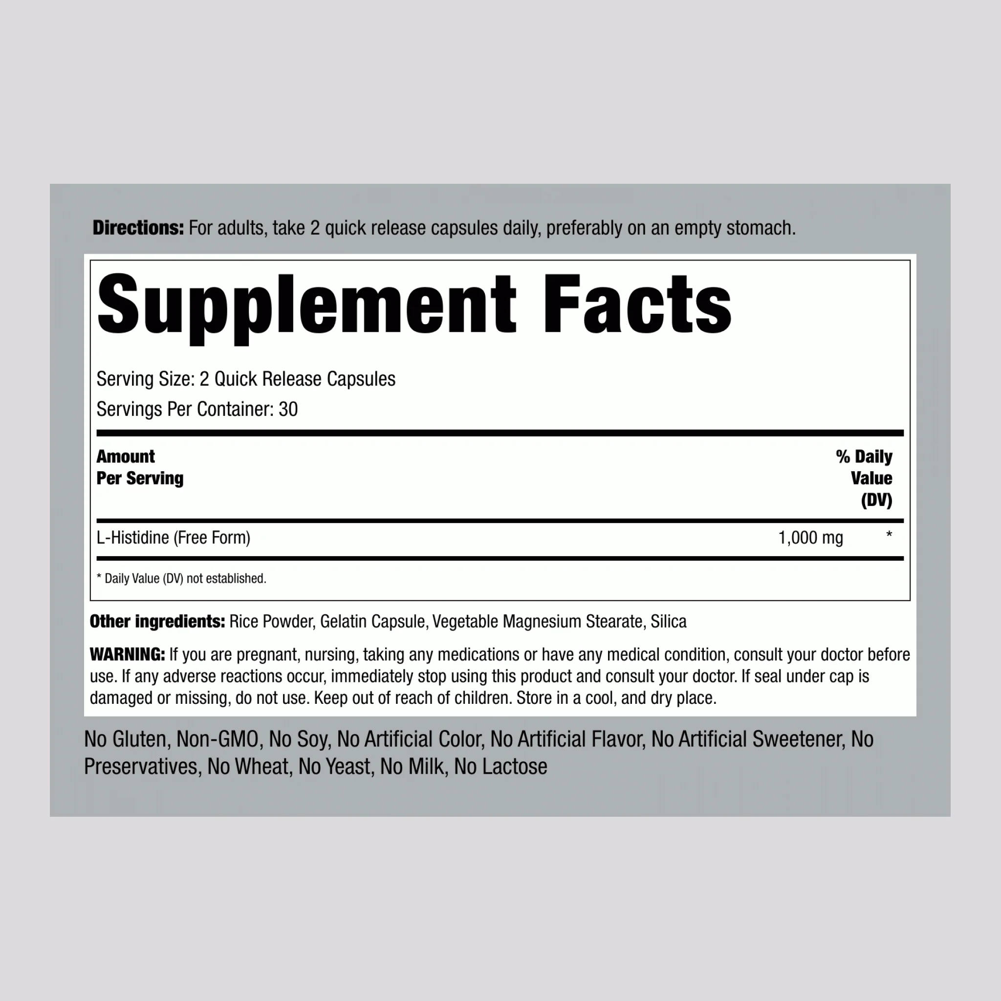 L-Histidine, 1000 mg (per serving), 60 Quick Release Capsules - Image 2