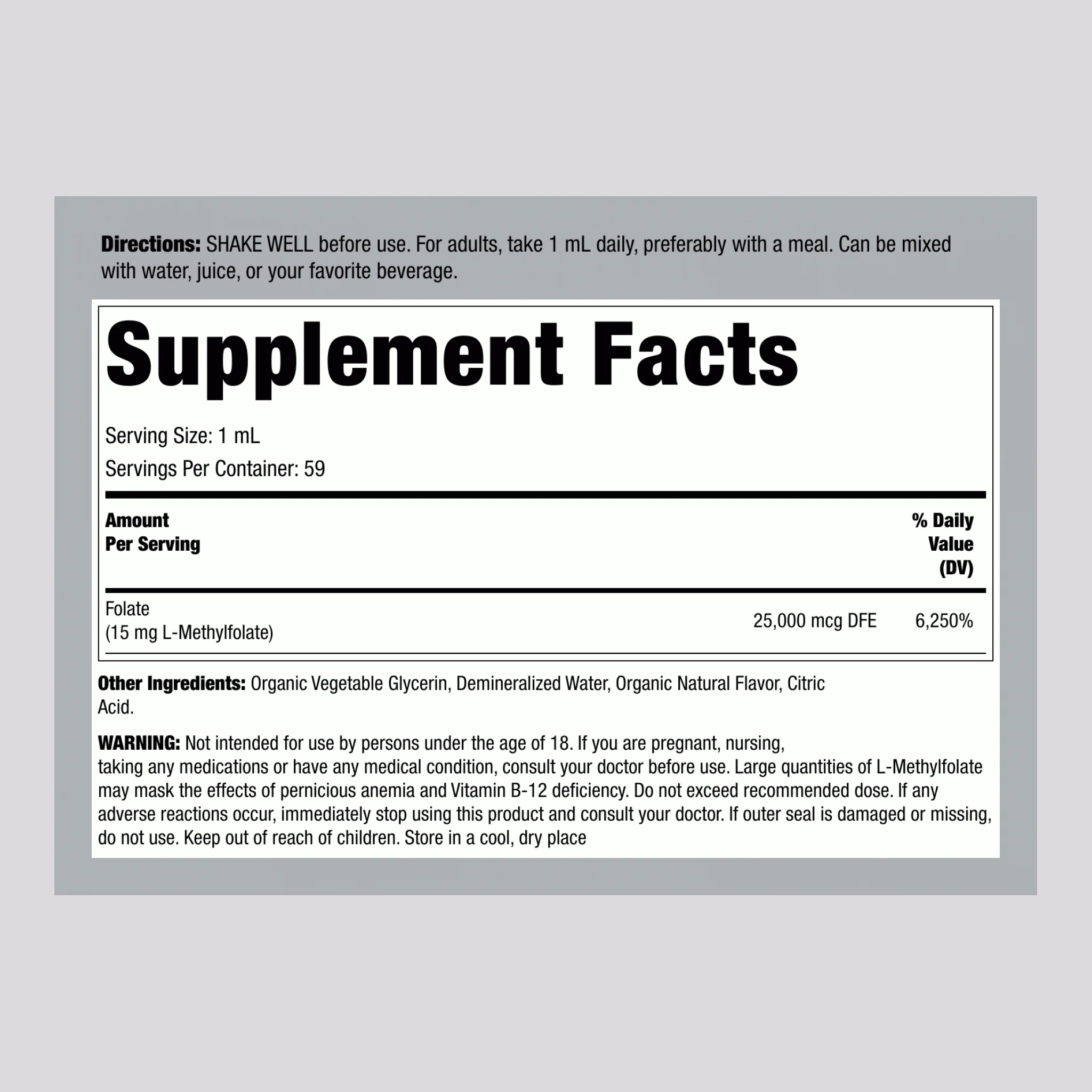 L-Methylfolate (Organic), 15 mg (per serving), 2 fl oz (59 mL) Dropper Bottle - Image 2