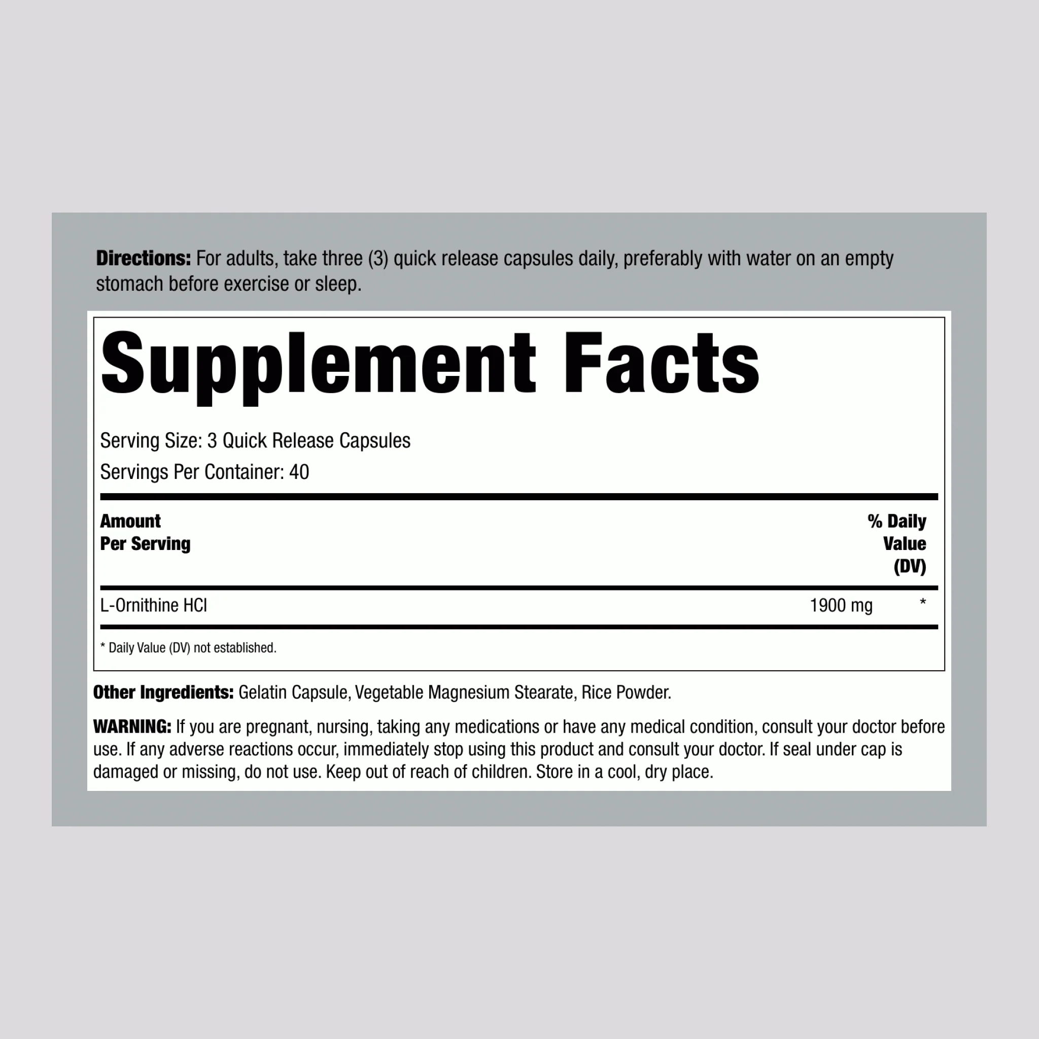 L-Ornithine HCI, 1900 mg (per serving), 120 Capsules - Image 2