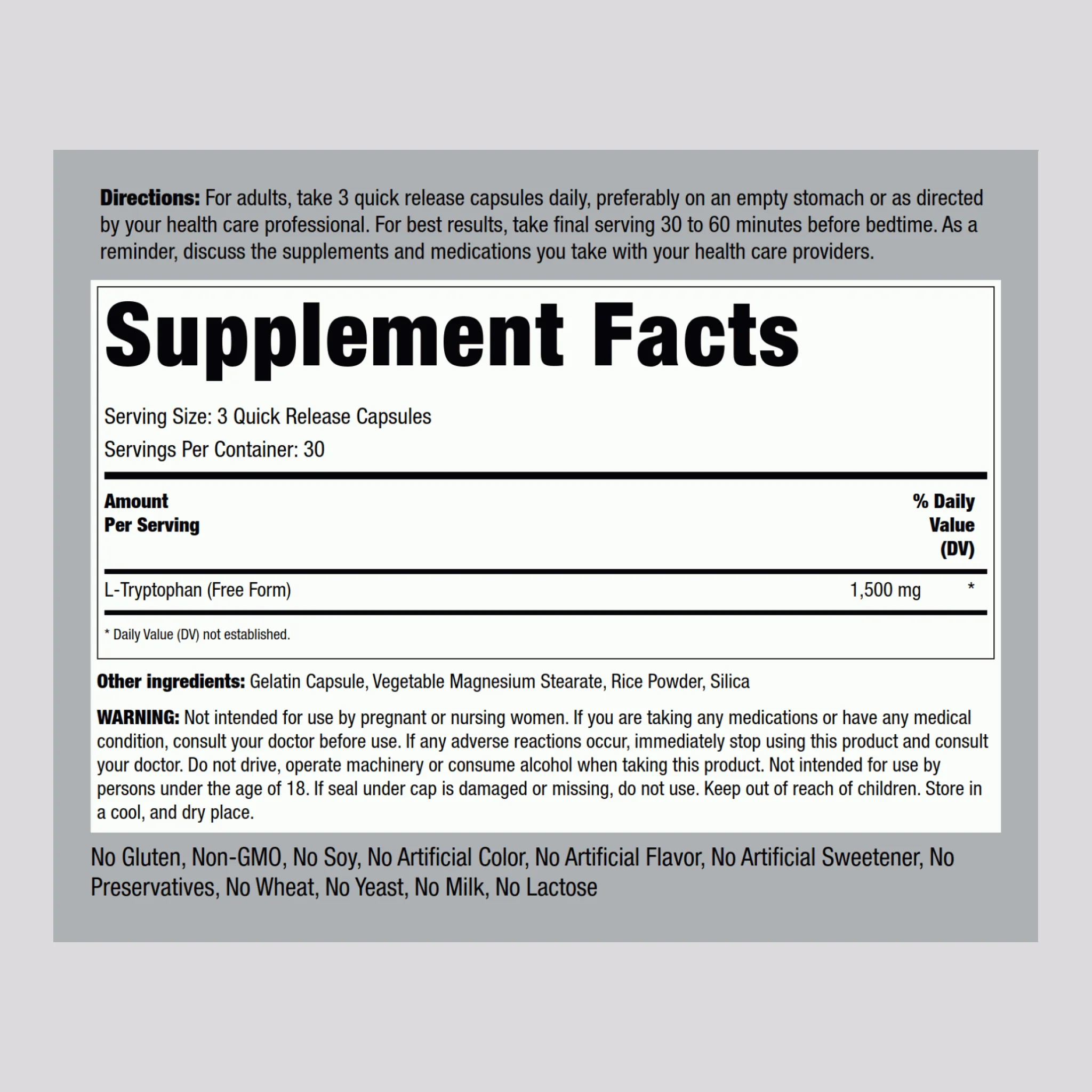 L-Tryptophan, 1500 mg (per serving), 90 Quick Release Capsules, 2  Bottles - Image 2