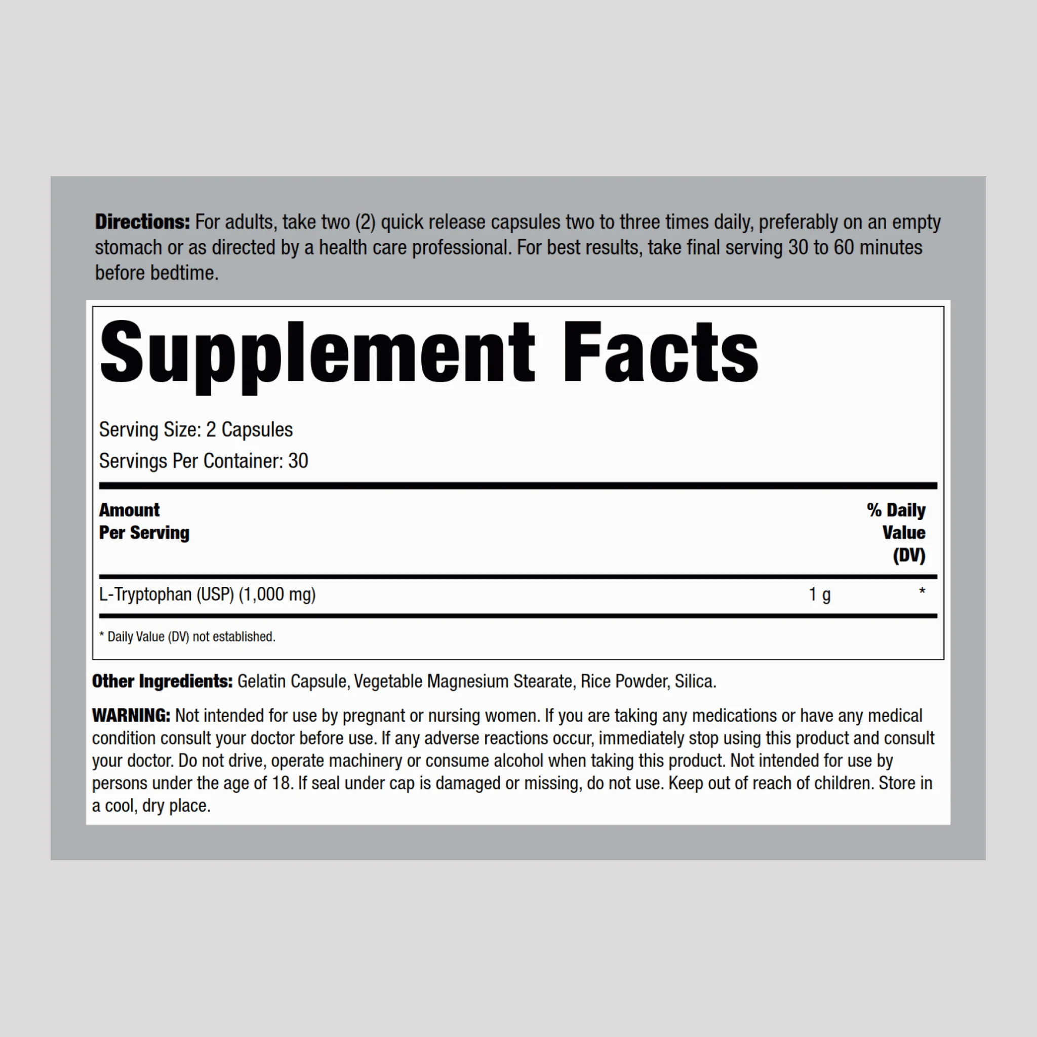 L-Tryptophan, 500 mg, 60 Quick Release Capsules - Image 2