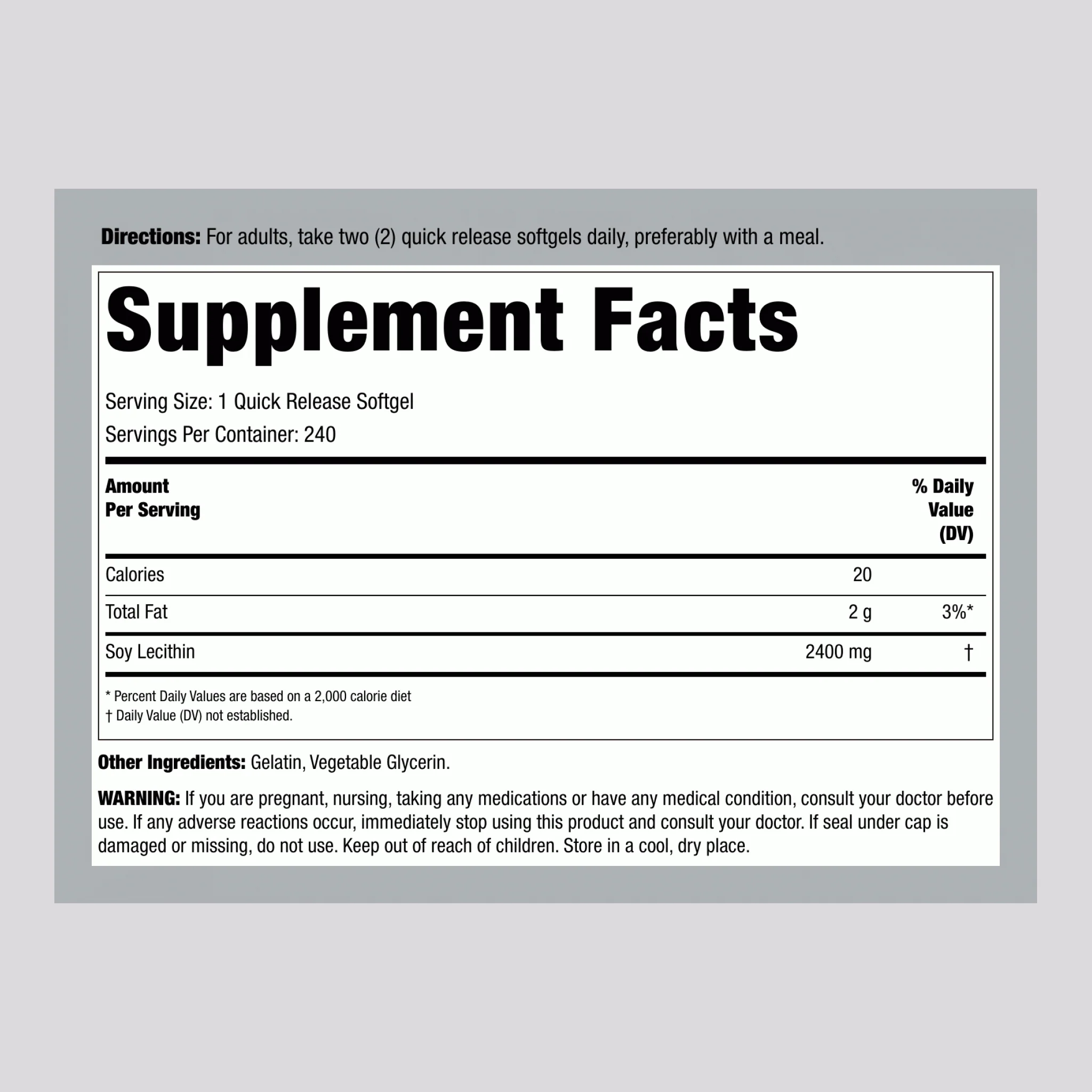 Lecithin - NON GMO, 2400 mg (per serving), 240 Quick Release Softgels - Image 2