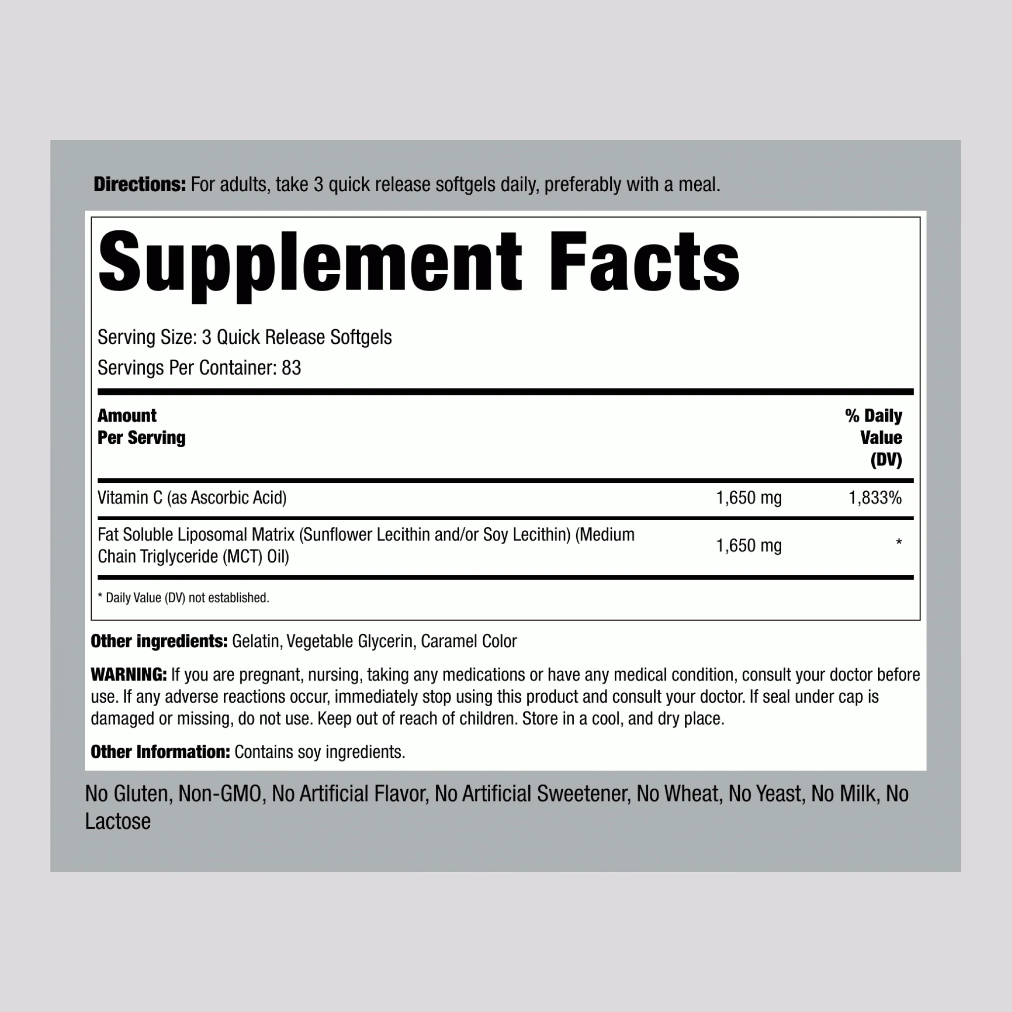 Liposomal Vitamin C Complex, 1650 mg (per serving), 250 Quick Release Softgels - Image 2