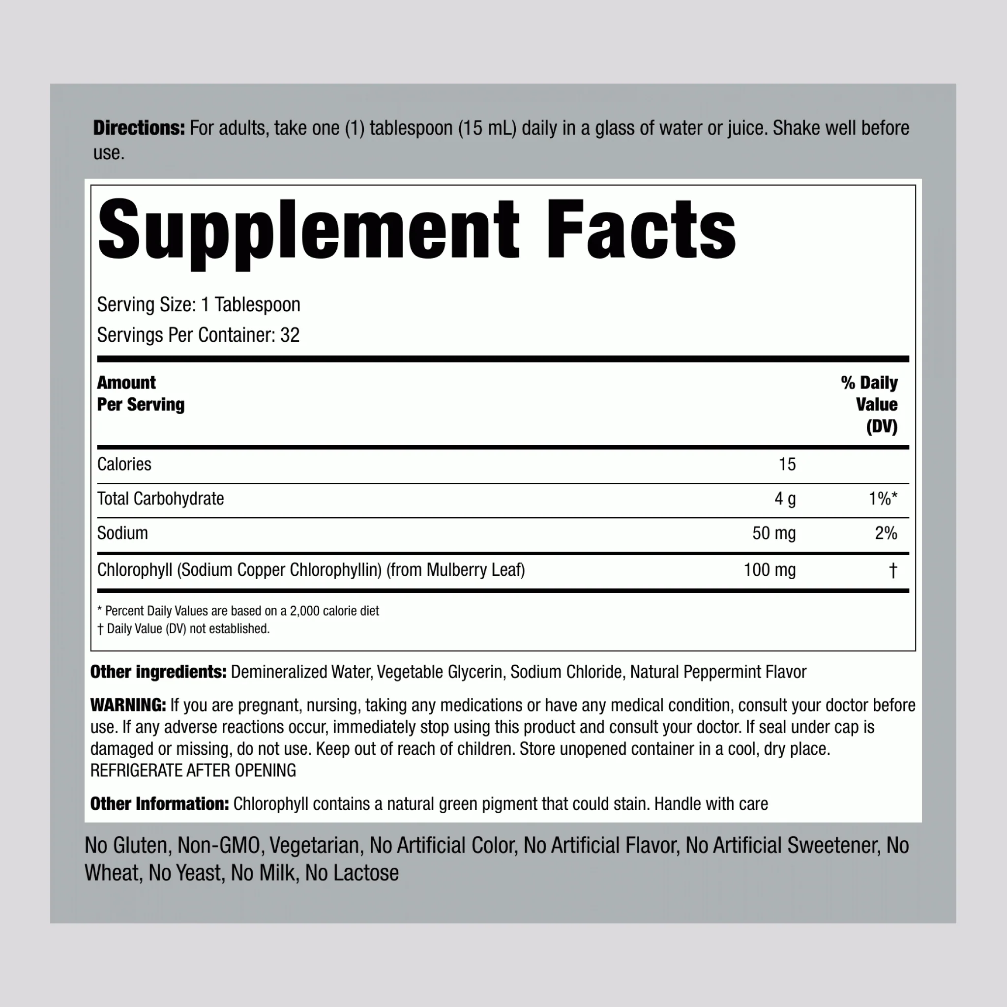 Liquid Chlorophyll (Natural Peppermint), 100 mg (per serving), 16 fl oz (473 mL) Bottle - Image 2