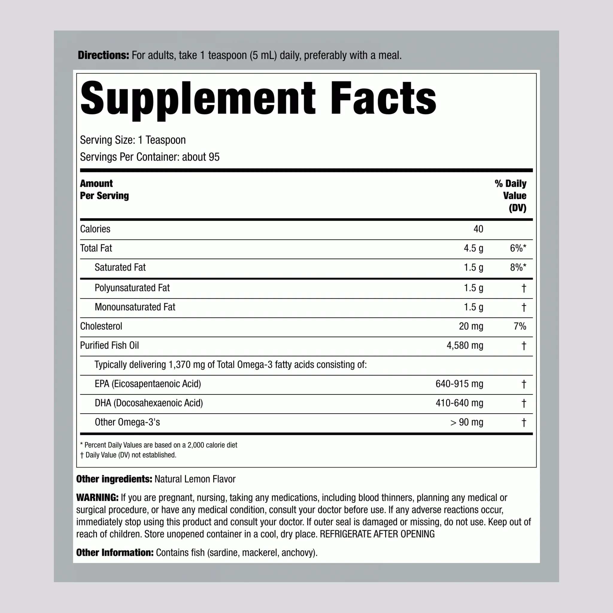 Liquid Omega-3 (Natural Lemon), 4580 mg (per serving), 16 fl oz (473 mL) Bottle, 2  Bottles - Image 2