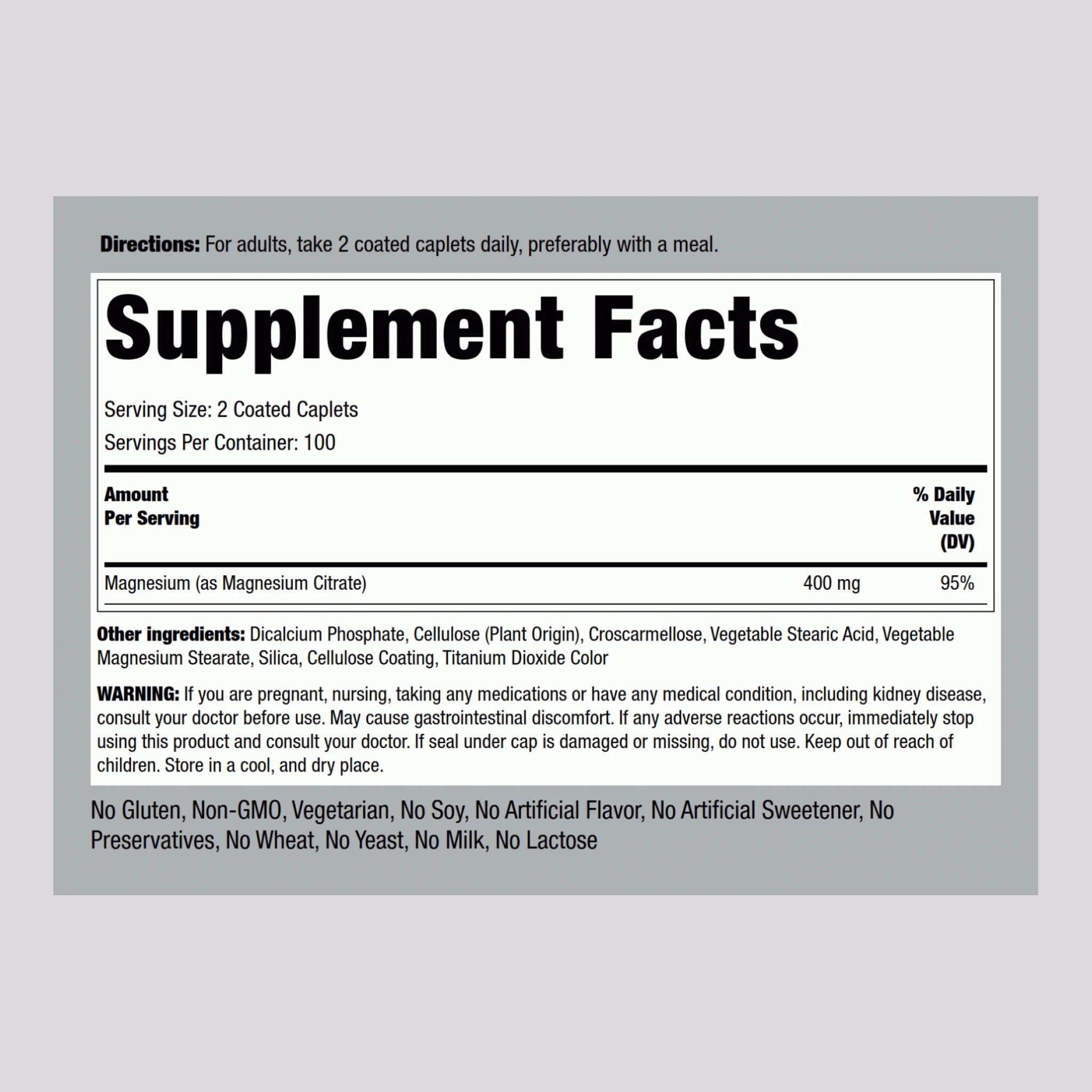 Magnesium Citrate, 400 mg (per serving), 200 Coated Caplets, 2  Bottles - Image 2