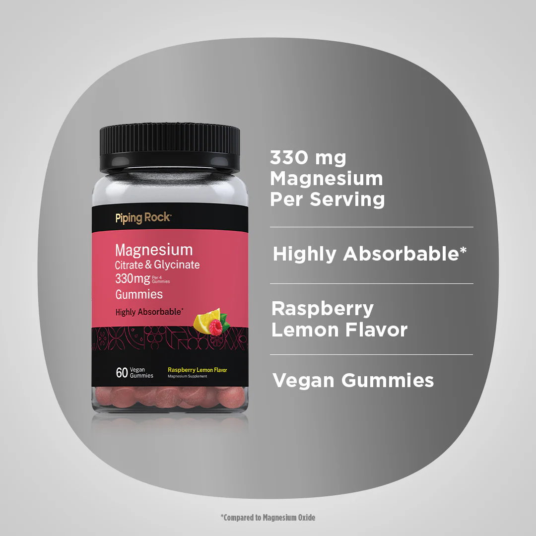 Magnesium Citrate & Glycinate (Raspberry Lemon), 330 mg (per serving), 60 Vegan Gummies, 2  Bottles - Image 3